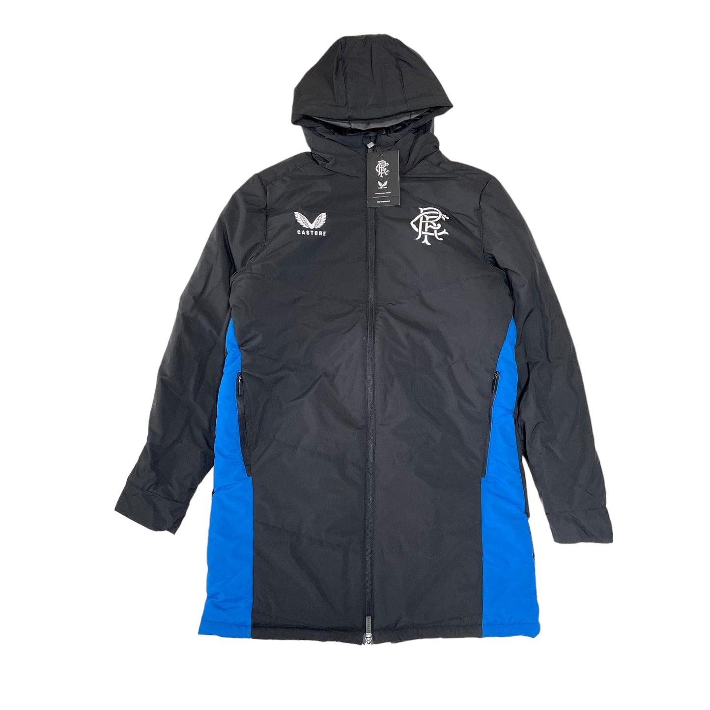 Castore Rangers FC Coaches Long Training Bench Jacket women's size black and blue parka