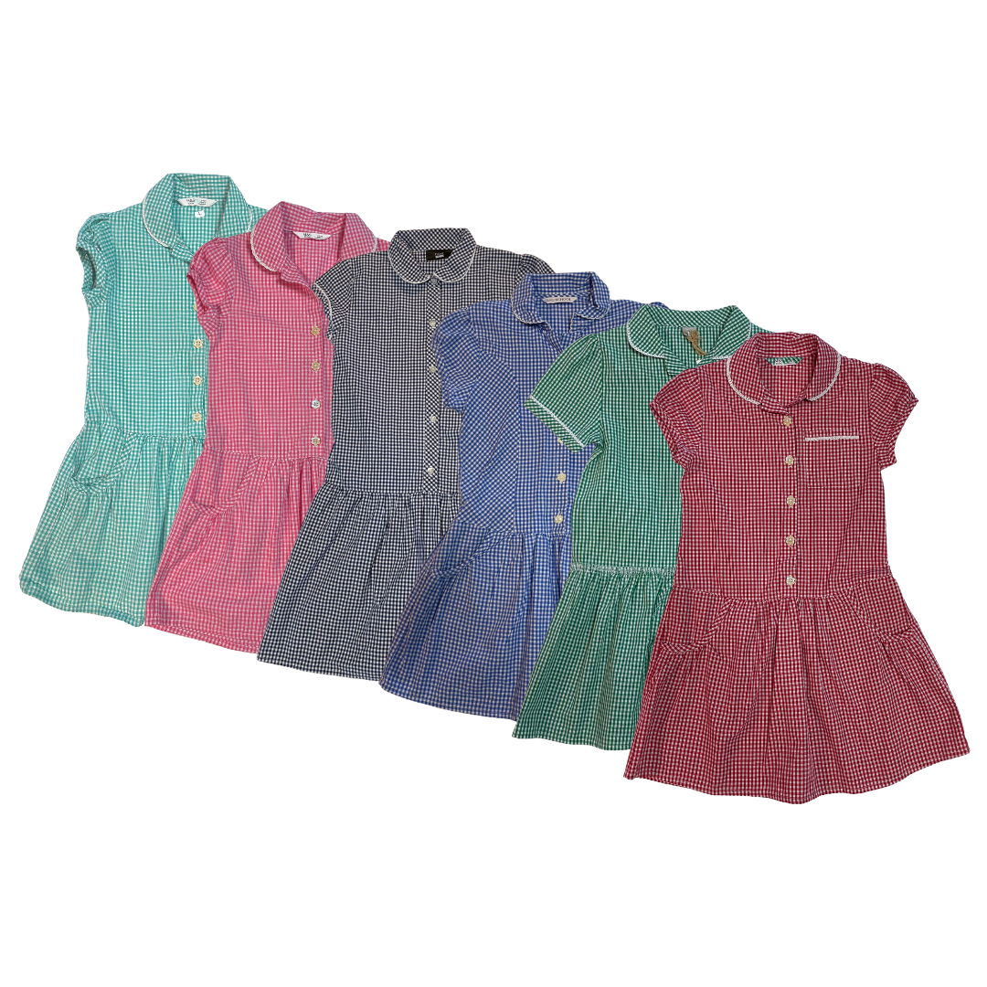 Blue gingham drop waist with buttons school summer dress