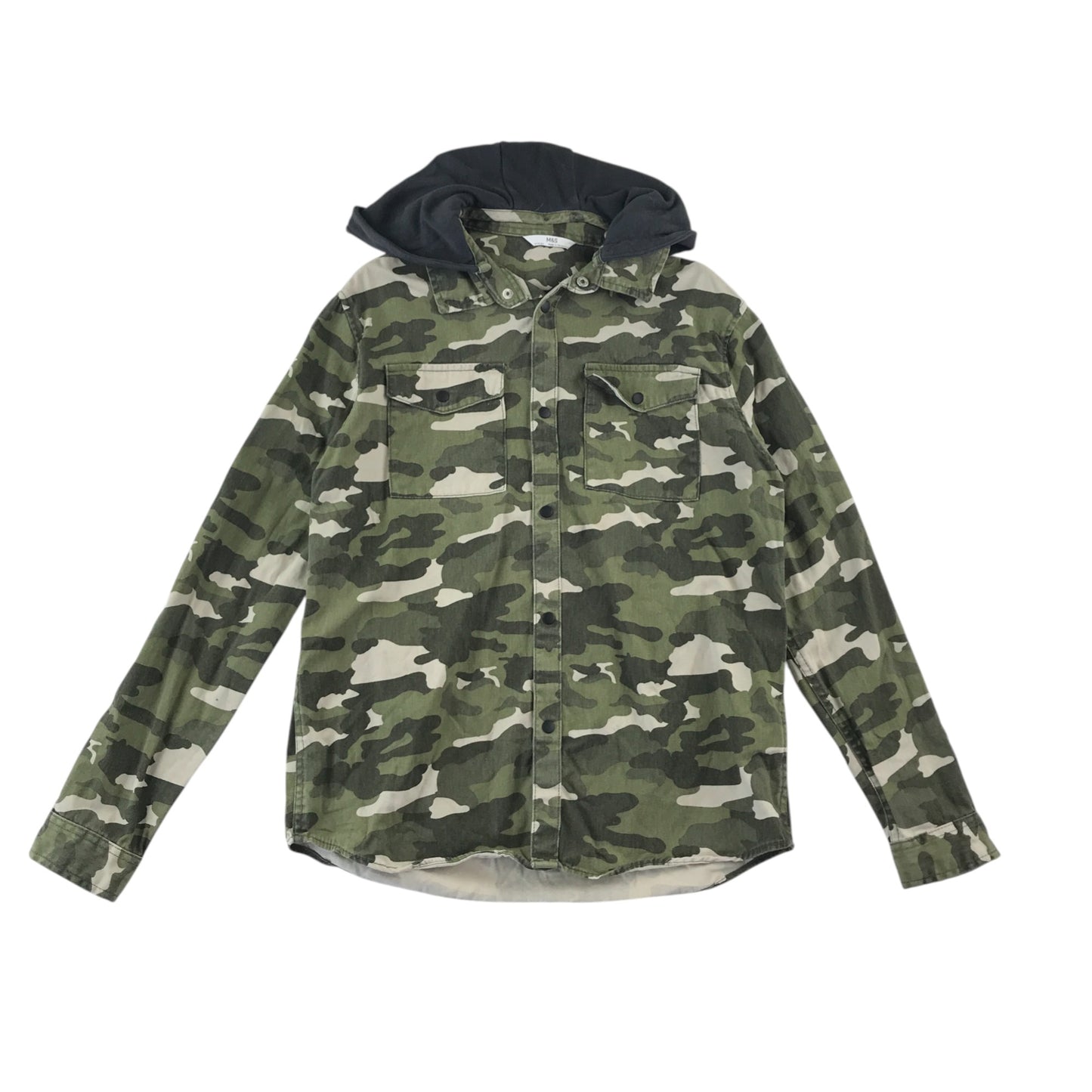 M&S denim jacket 13-14 years green camo long sleeve with black hood