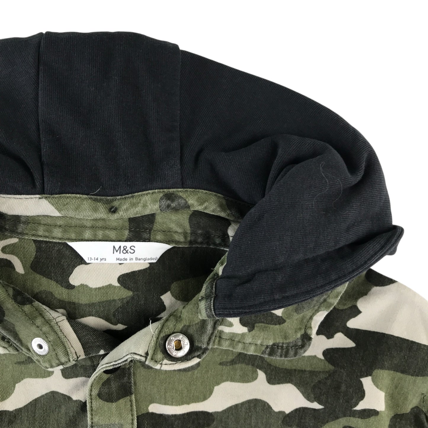M&S denim jacket 13-14 years green camo long sleeve with black hood