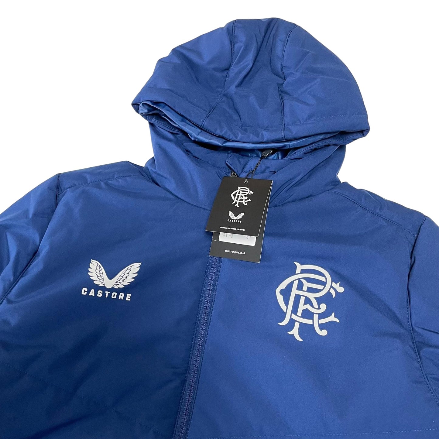 Castore Rangers FC Players Long Match Day Bench jacket women's size UK 10 blue and white parka