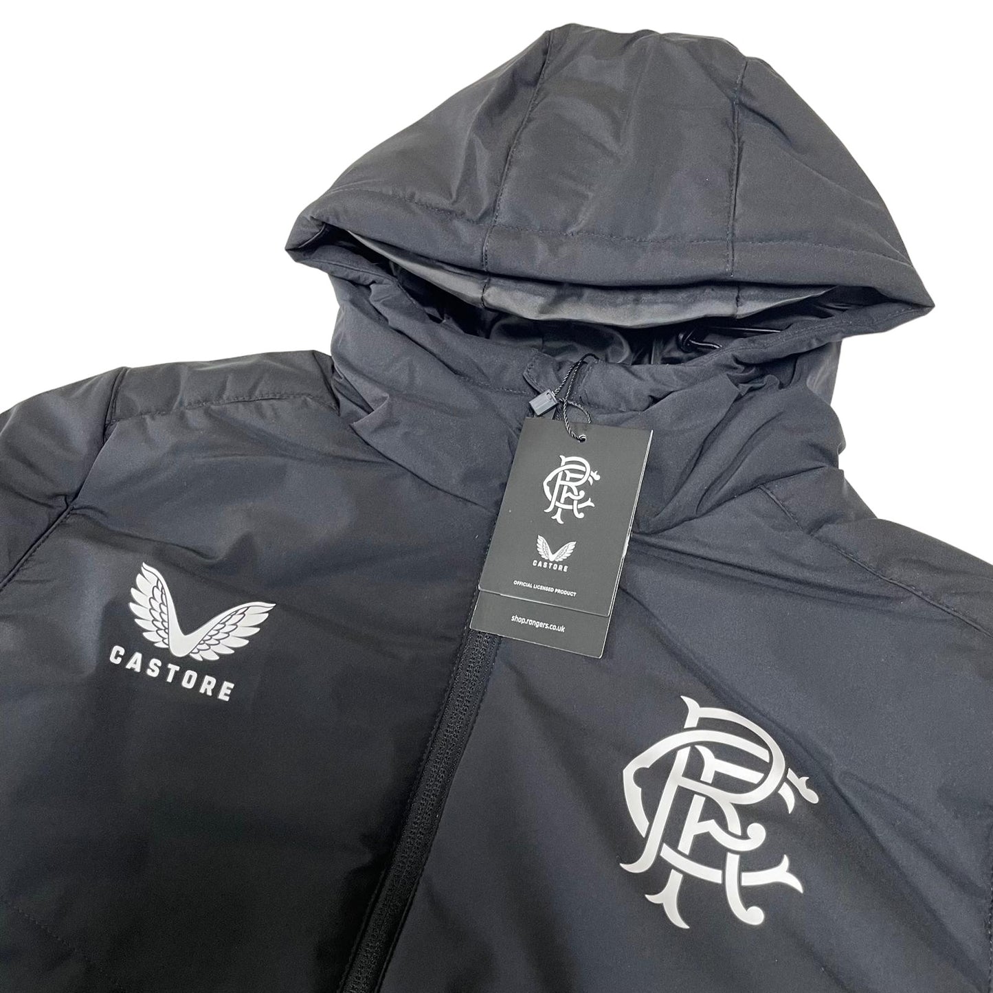 Castore Rangers FC Coaches Long Training Bench Jacket women's size black and blue parka