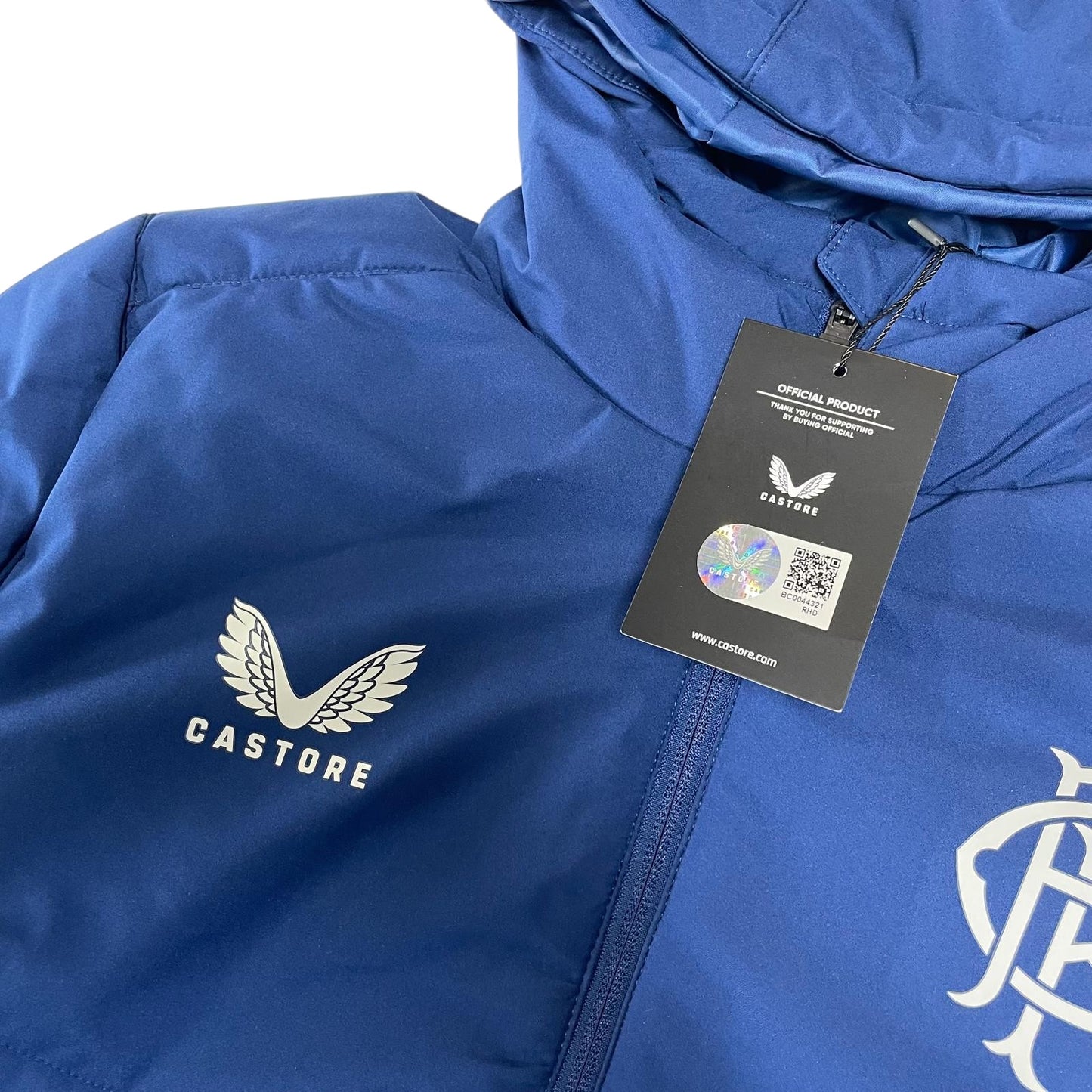 Castore Rangers FC Players Long Match Day Bench jacket women's size UK 10 blue and white parka