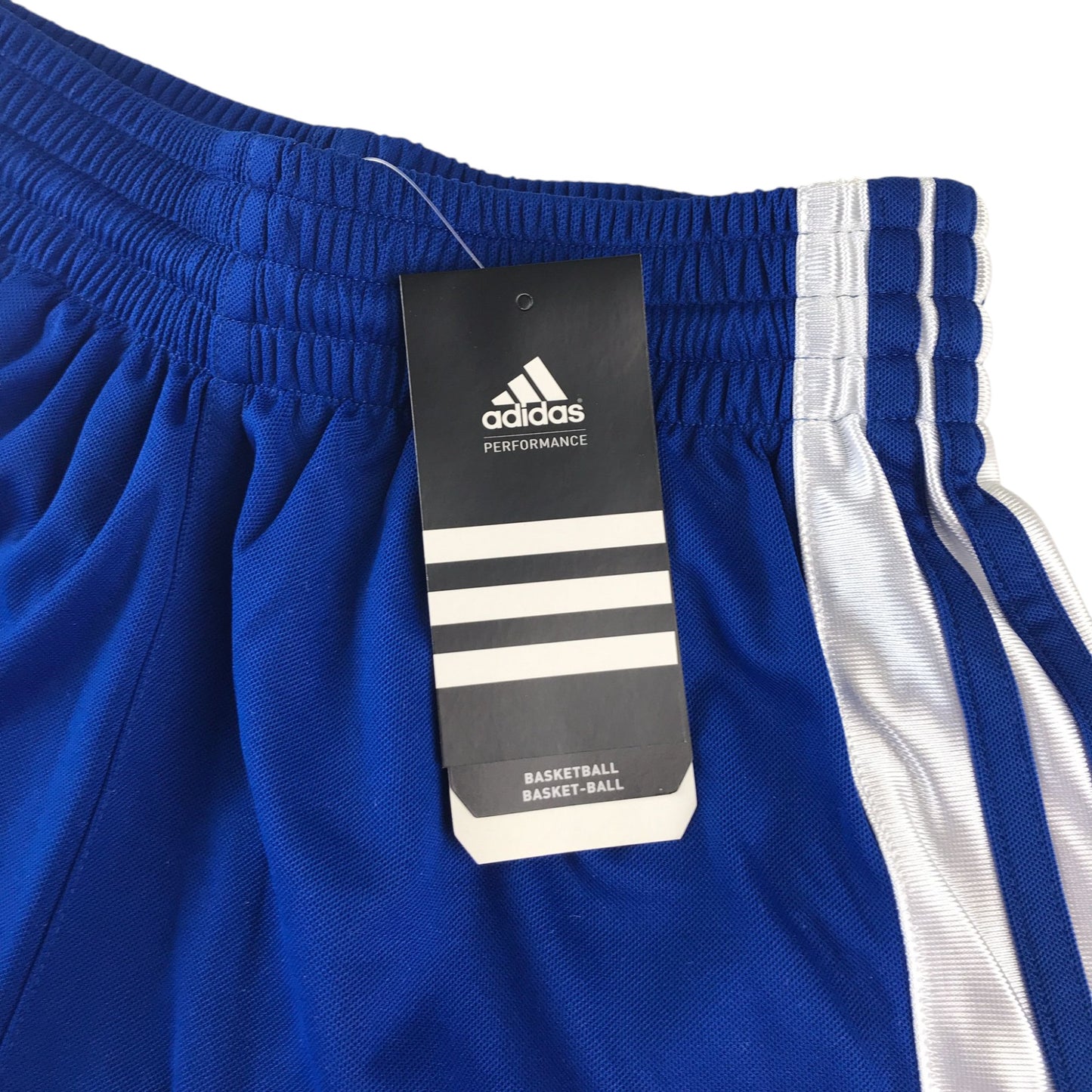 Adidas basketball shorts blue and white panel design with three stripes