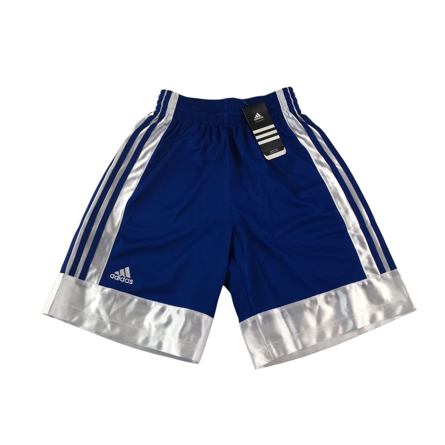 Adidas basketball shorts blue and white panel design with three stripes