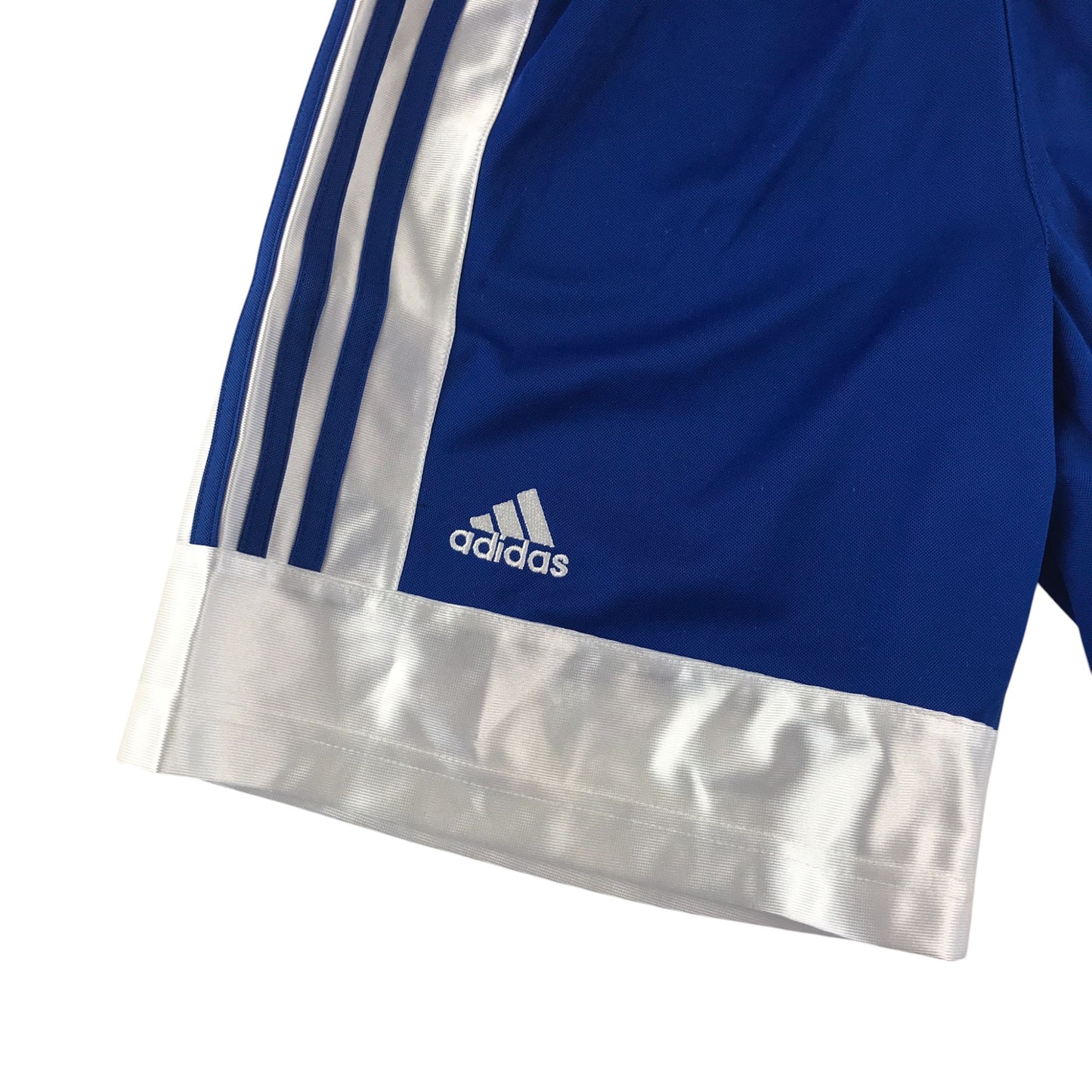Adidas basketball shorts blue and white panel design with three stripes