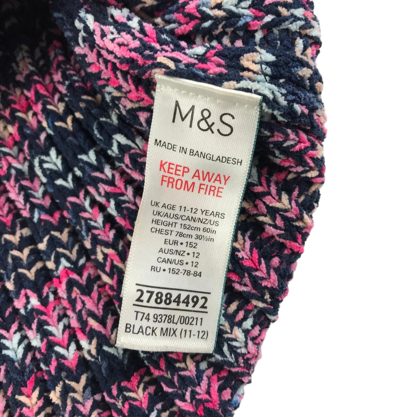 M&S sweater 11-12 years navy and pink cross knitted pattern turtleneck