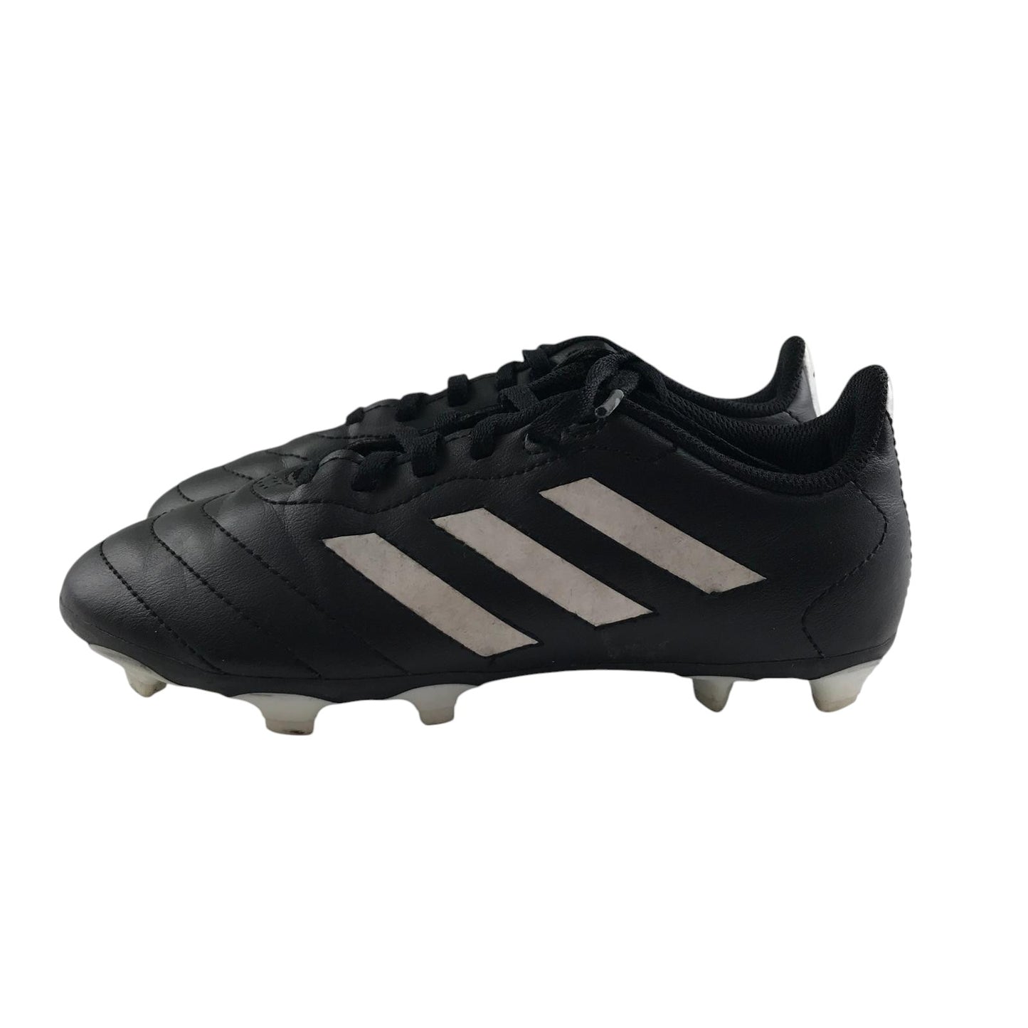 Adidas football boots shoe size UK 2 black with white 3 stripes and plastic studs
