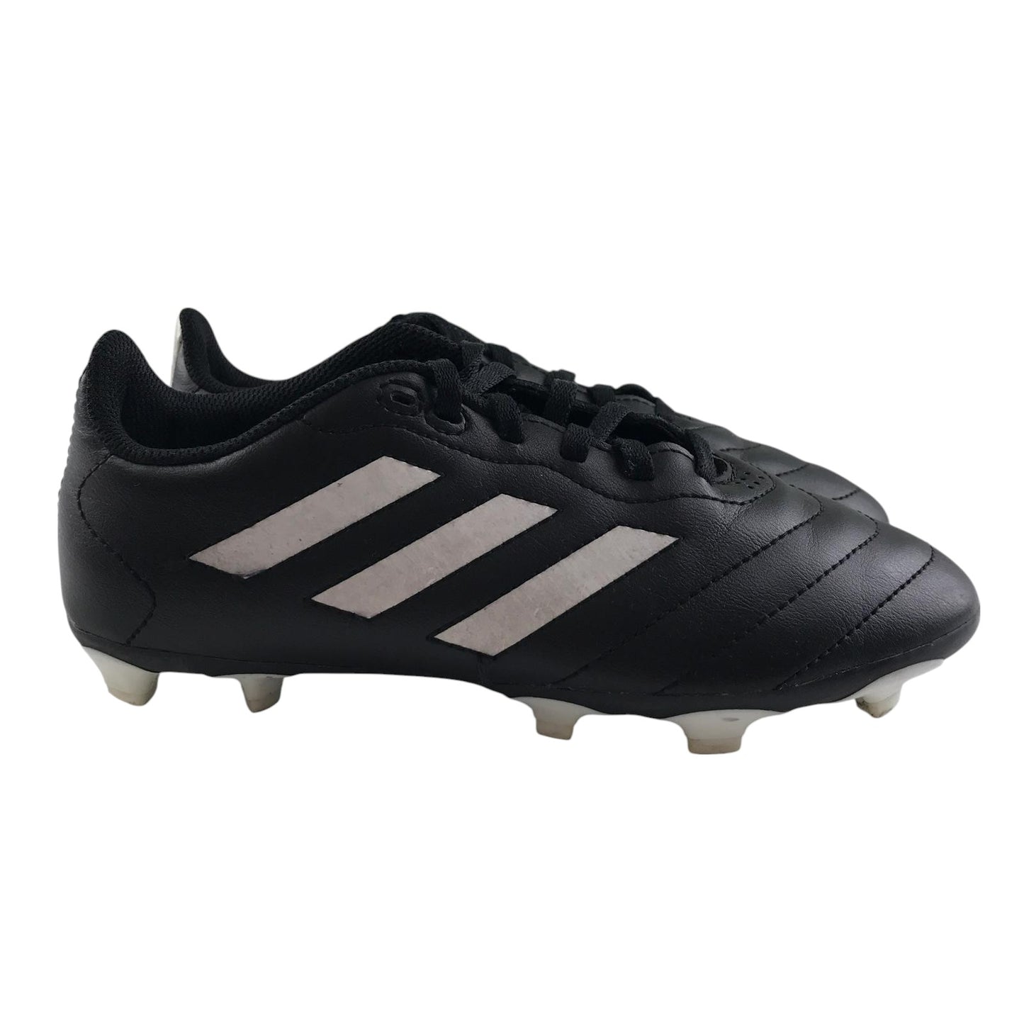 Adidas football boots shoe size UK 2 black with white 3 stripes and plastic studs