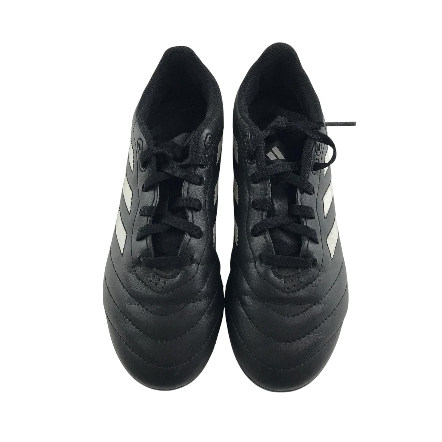 Adidas football boots shoe size UK 2 black with white 3 stripes and plastic studs