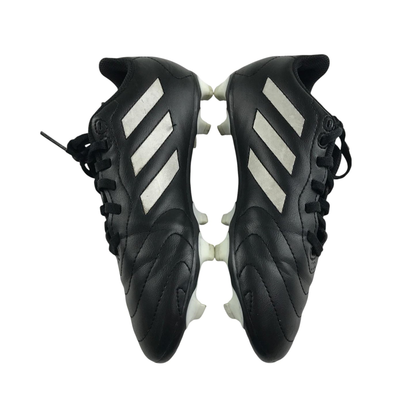 Adidas football boots shoe size UK 2 black with white 3 stripes and plastic studs