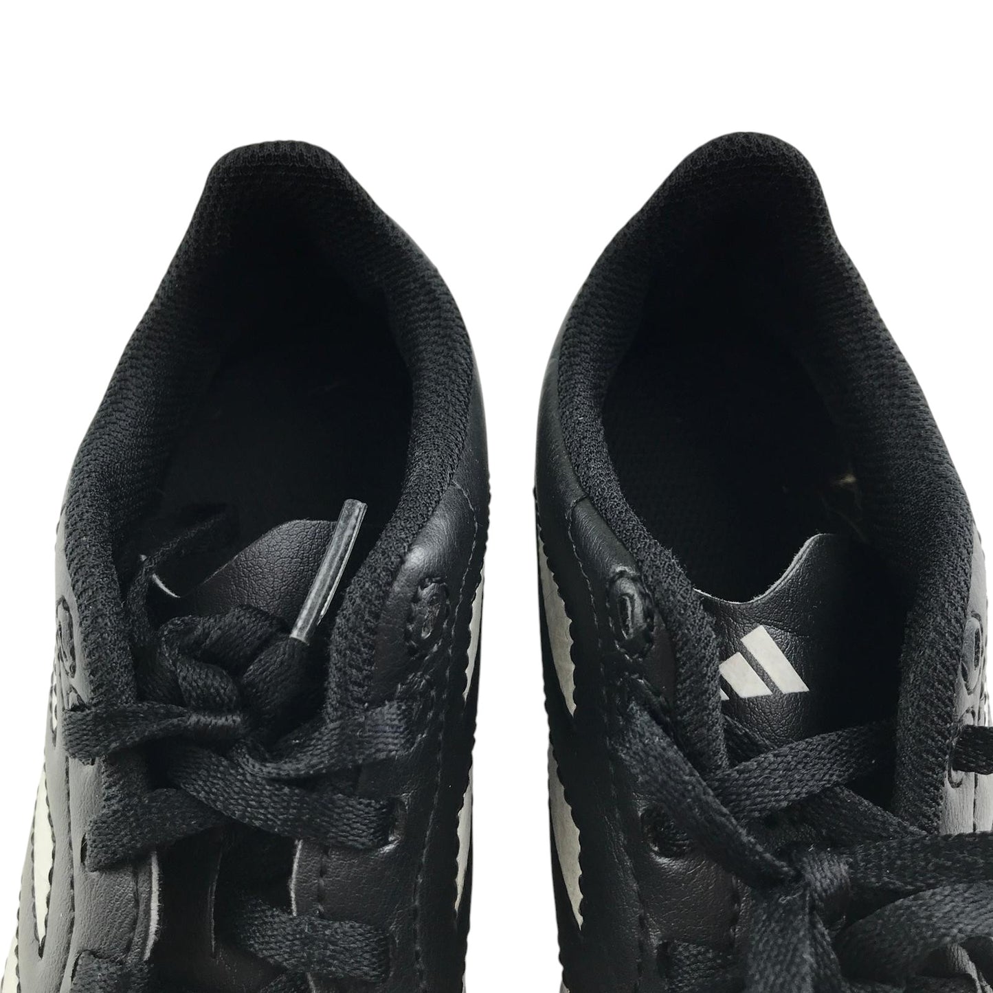 Adidas football boots shoe size UK 2 black with white 3 stripes and plastic studs