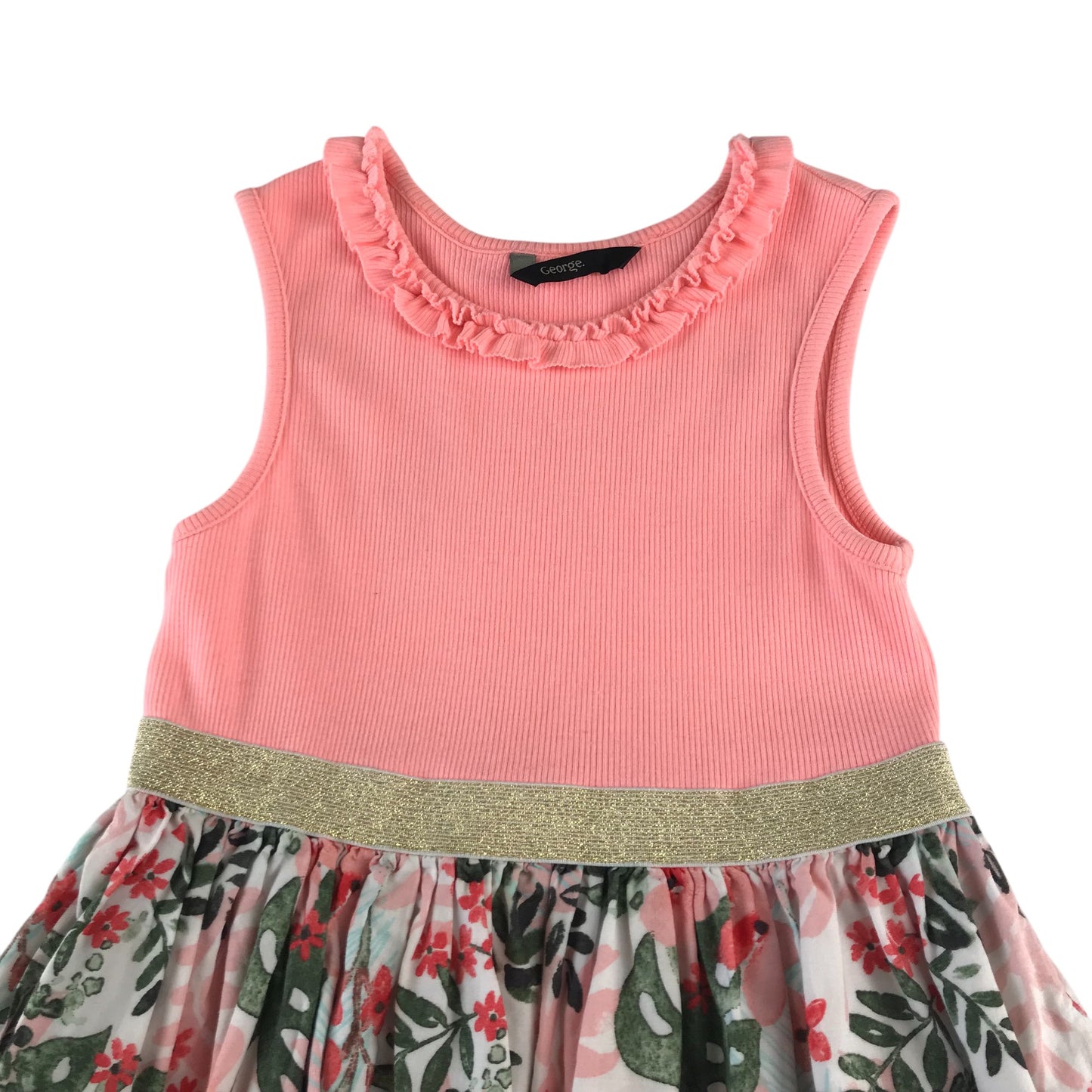 George dress 4-5 years pink top frilled neckline with sparkly golden waistband and floral skirt