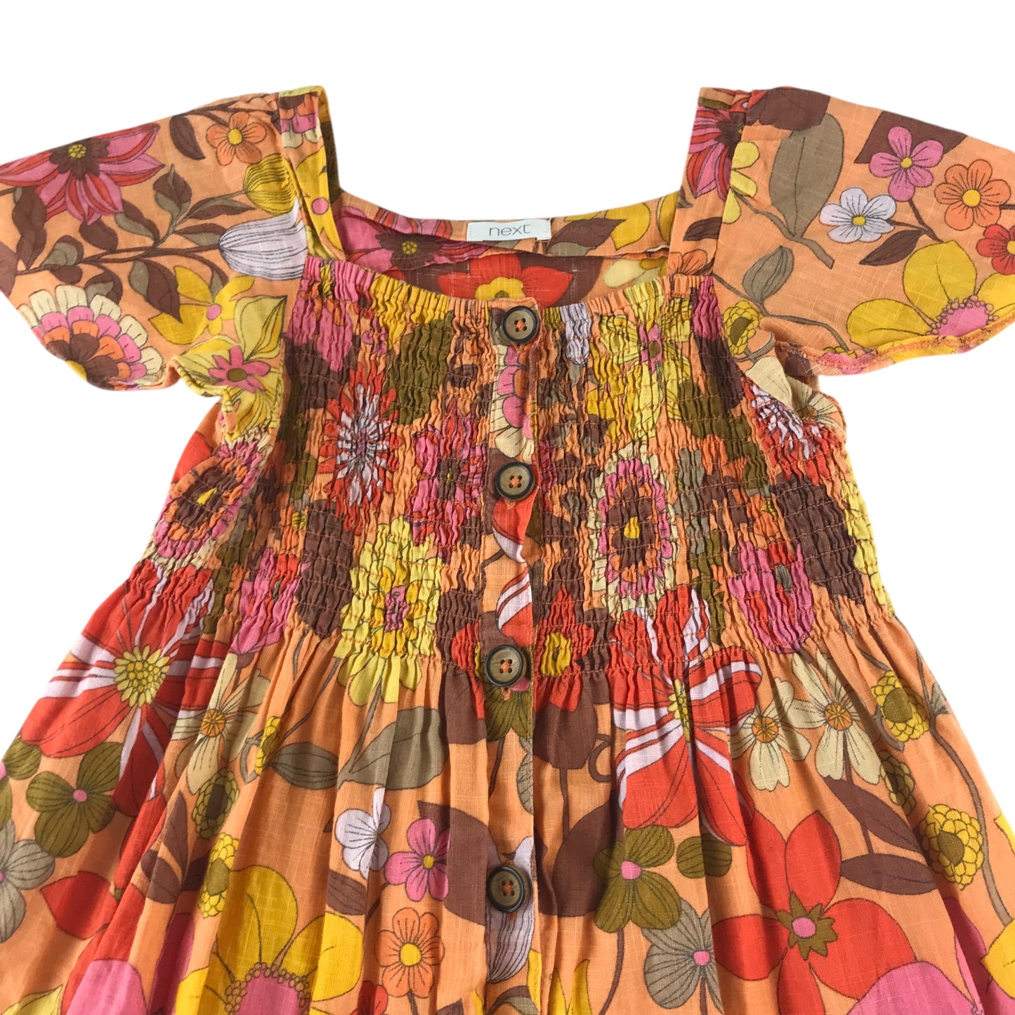 Next dress 6-7 years orange peachy warm toned floral print design cotton