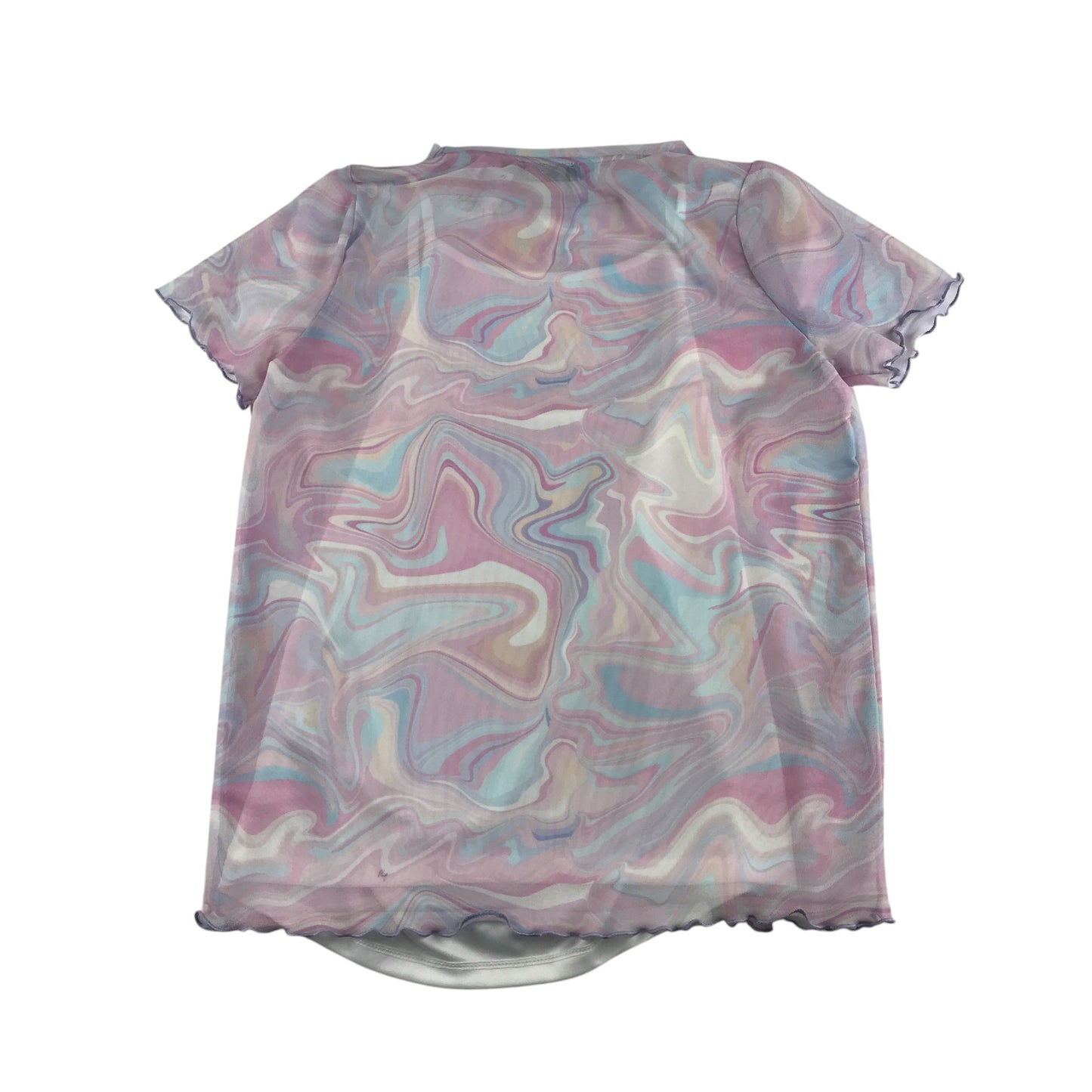 Primark blouse 14-15 years pink swirly mesh over top with white vest under layer