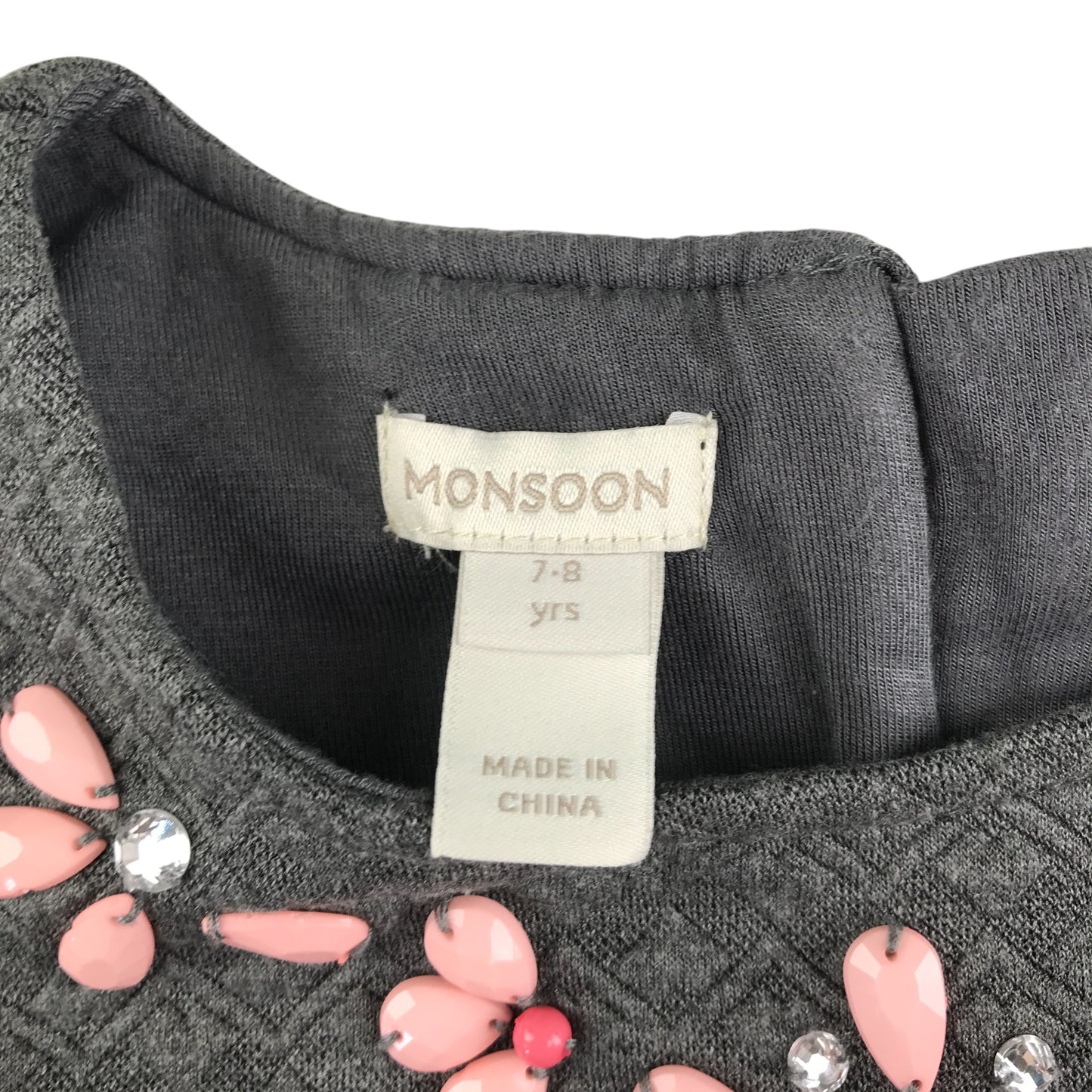 Monsoon dress 7-8 years grey with nice gem detailing around neck A-line short sleeve