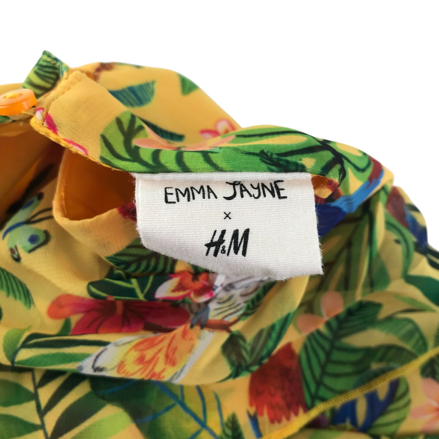 Emma Jayne x H&M dress 8-9 years yellow jungle themed print with parrots print design layered