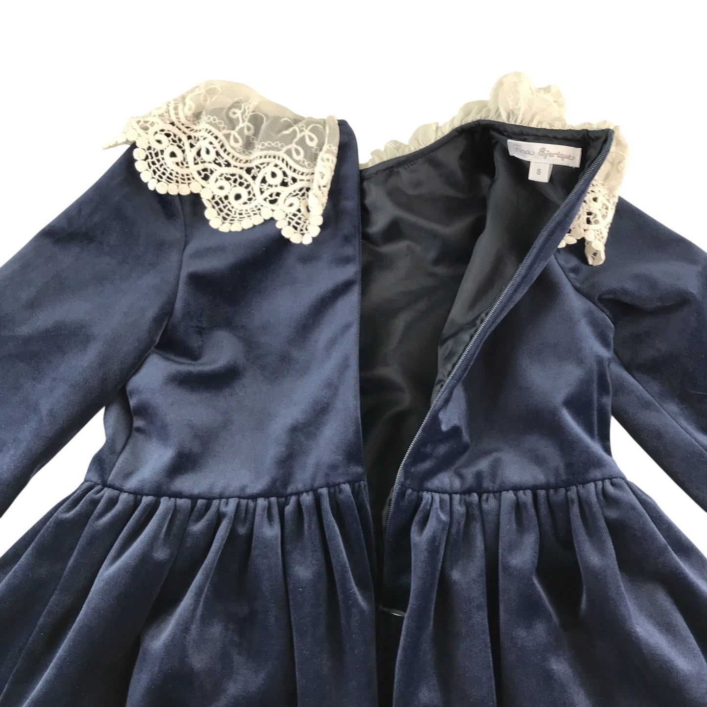 Fina Ejerique dress 7-8 years navy blue velvet style with lace collar and sleeve details