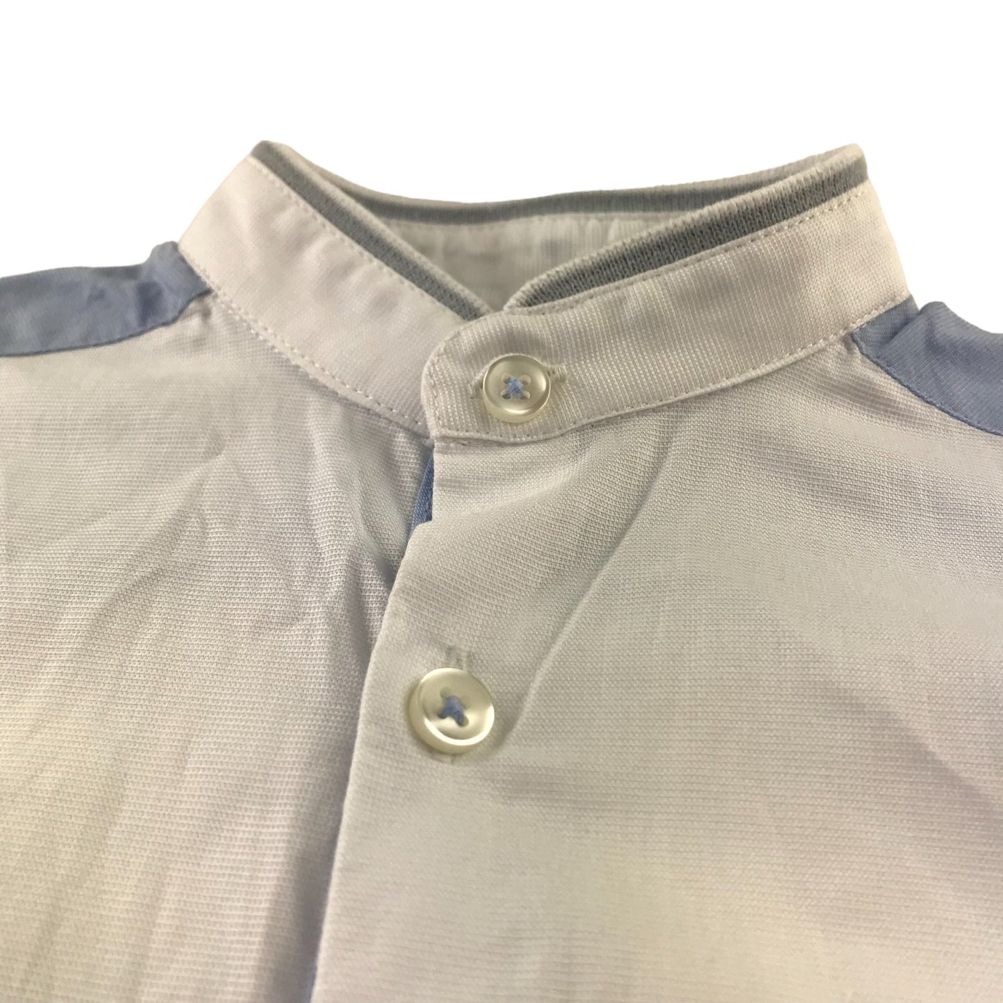 Next Shirt Age 5 White with Blue Sleeves Stripe Across Chest Short Sleeve Button Up Cotton