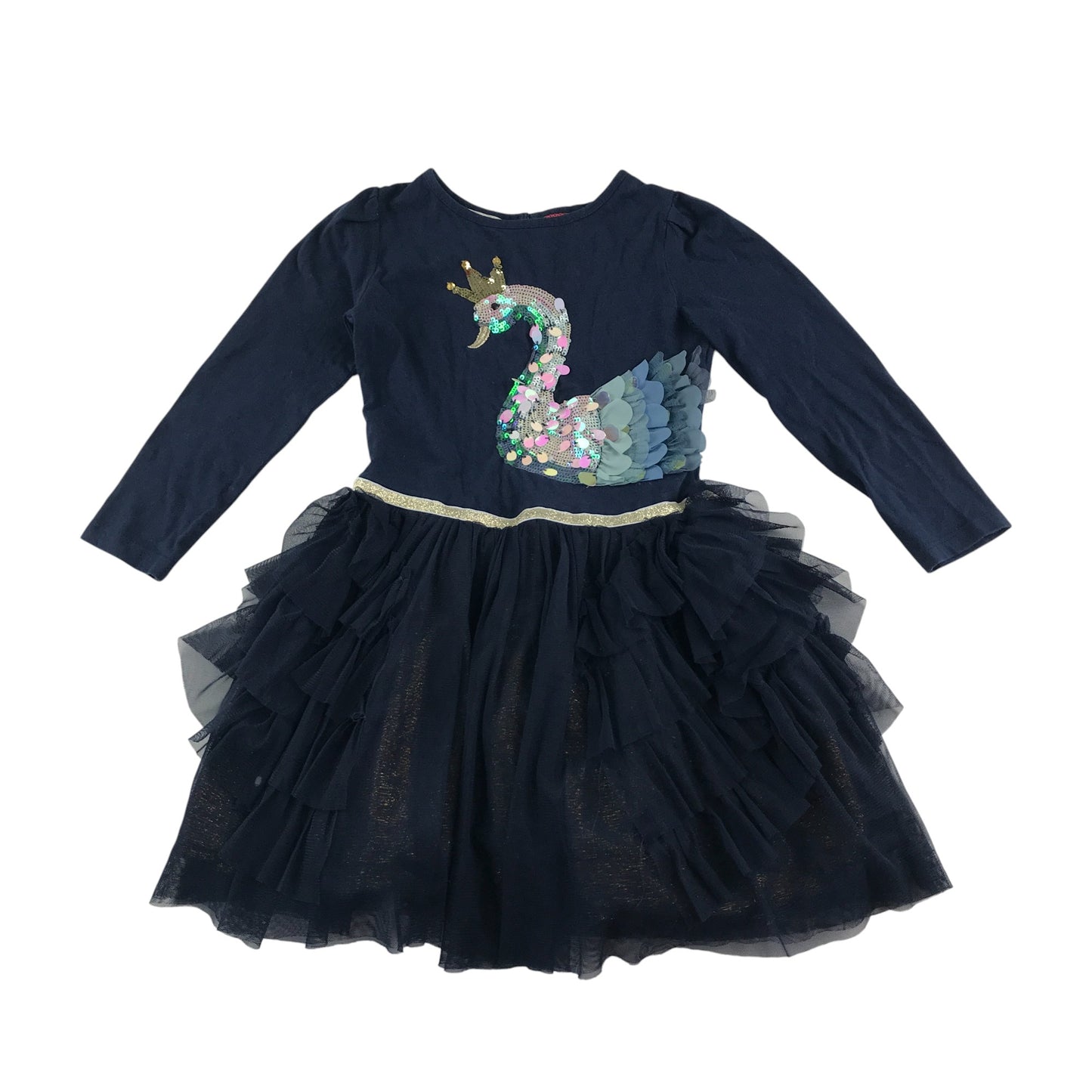 Monsoon dress 5-6 years navy sequin swan graphic with tulle glittery skirt