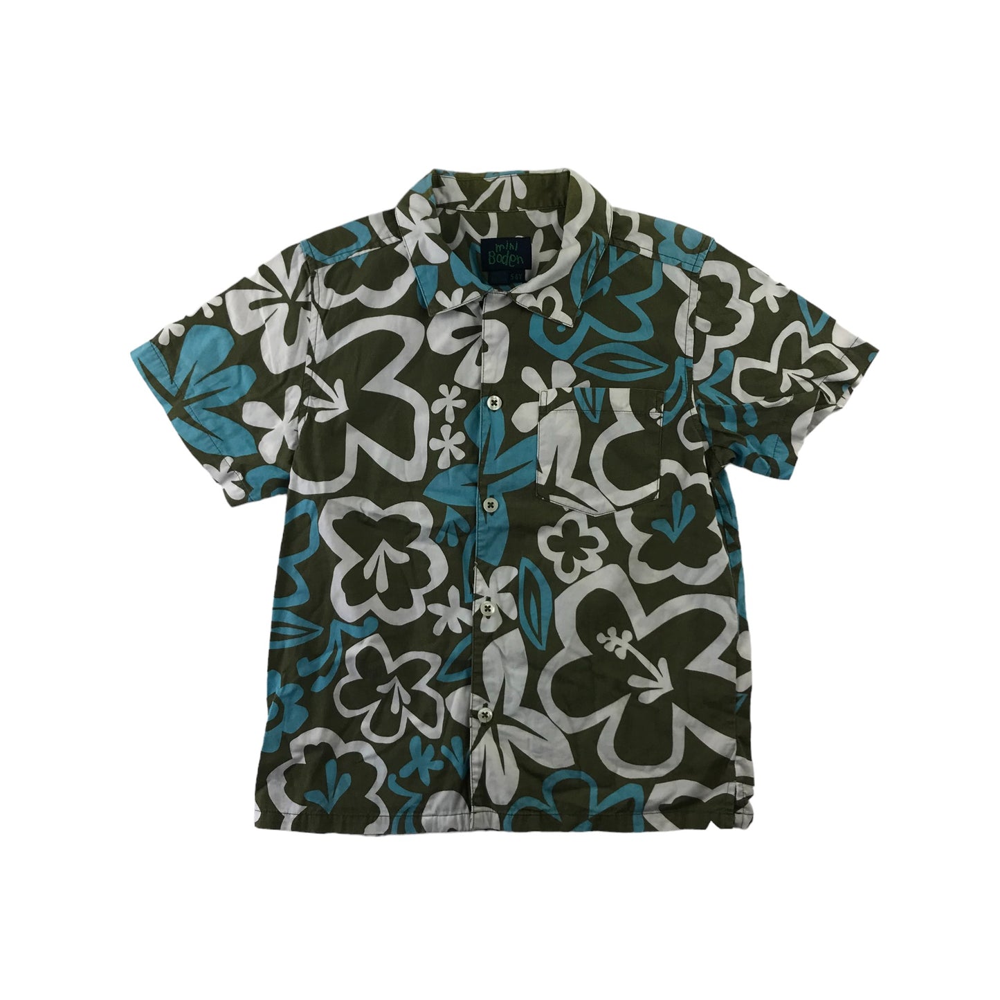 Mini Boden Shirt Age 5 Khaki Green Floral Print Short Sleeve Button Up Cotton
