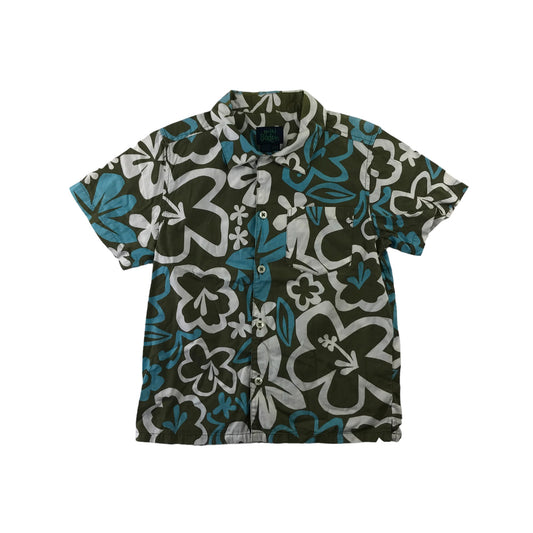 Mini Boden Shirt Age 5 Khaki Green Floral Print Short Sleeve Button Up Cotton