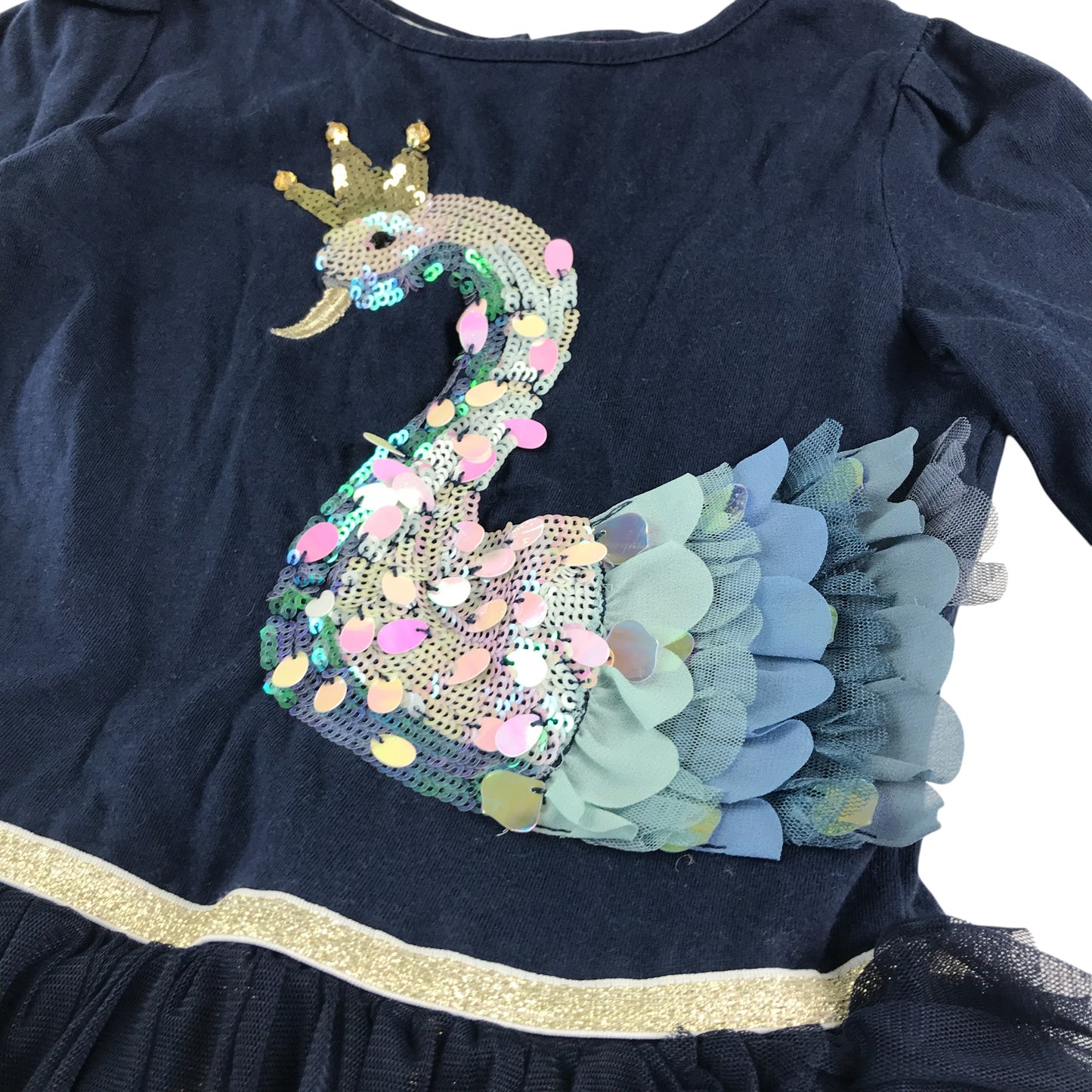 Monsoon dress 5-6 years navy sequin swan graphic with tulle glittery skirt
