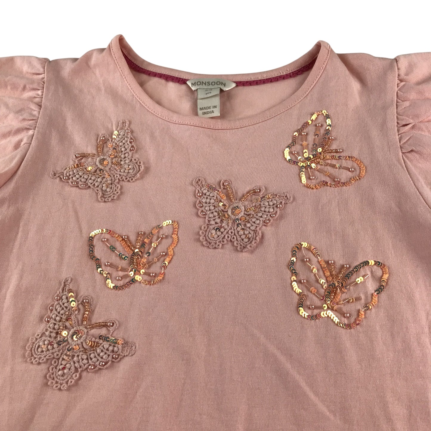 Monsoon t-shirt 11-12 years pink butterfly sleeves and sequin butterfly design cotton