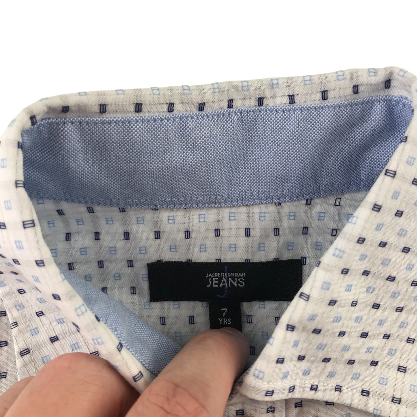 Jasper Conran Jeans Shirt Age 7 White Rectangle Print Short Sleeve Button Up Cotton