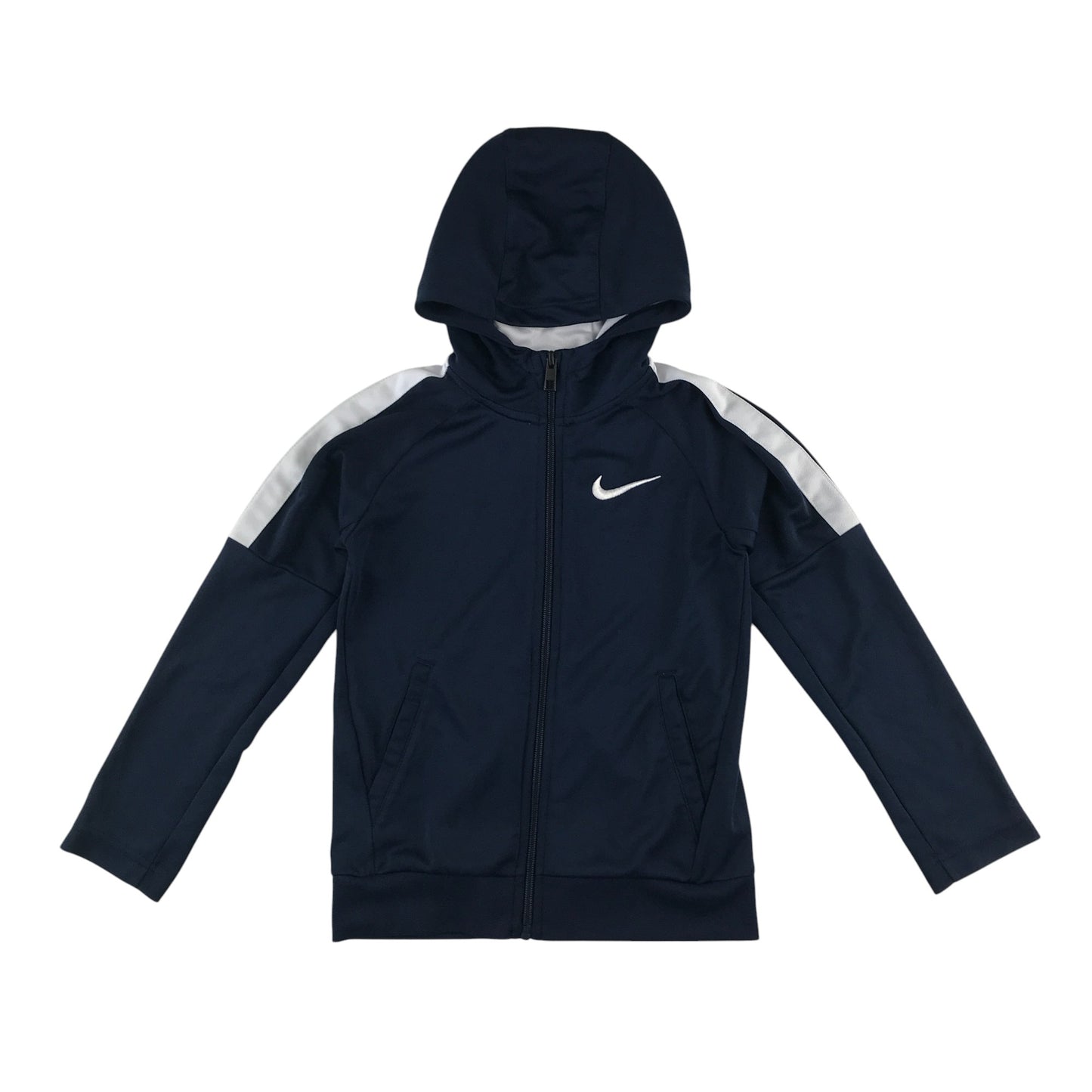 Nike sports hoodie 6-7 years navy full zipper with white shoulder stripes stopping midway