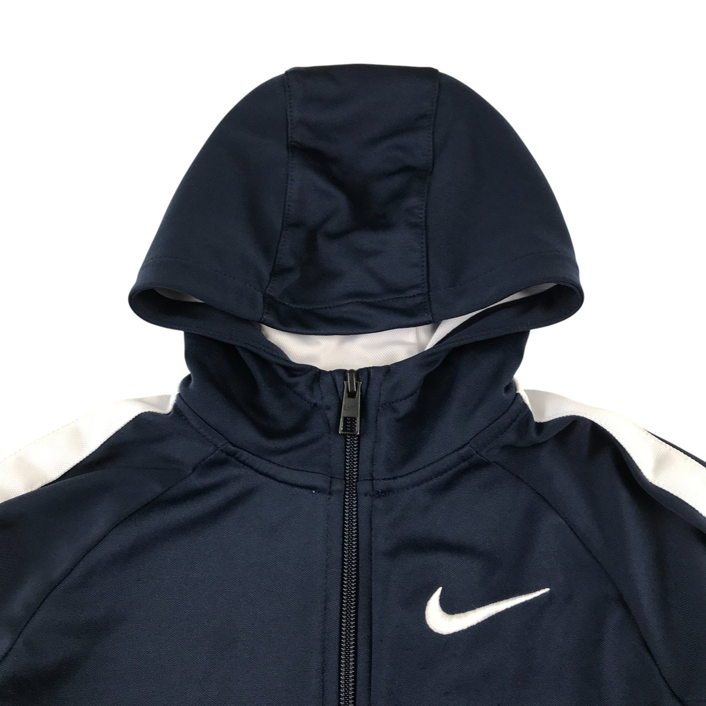 Nike sports hoodie 6-7 years navy full zipper with white shoulder stripes stopping midway
