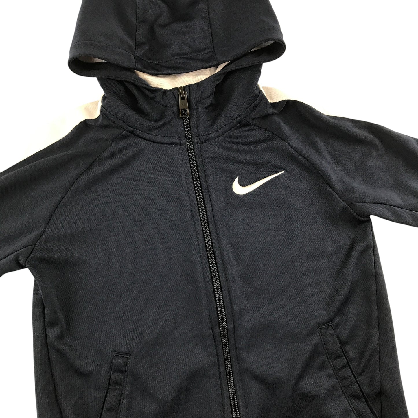 Nike sports hoodie 6-7 years navy full zipper with white shoulder stripes stopping midway