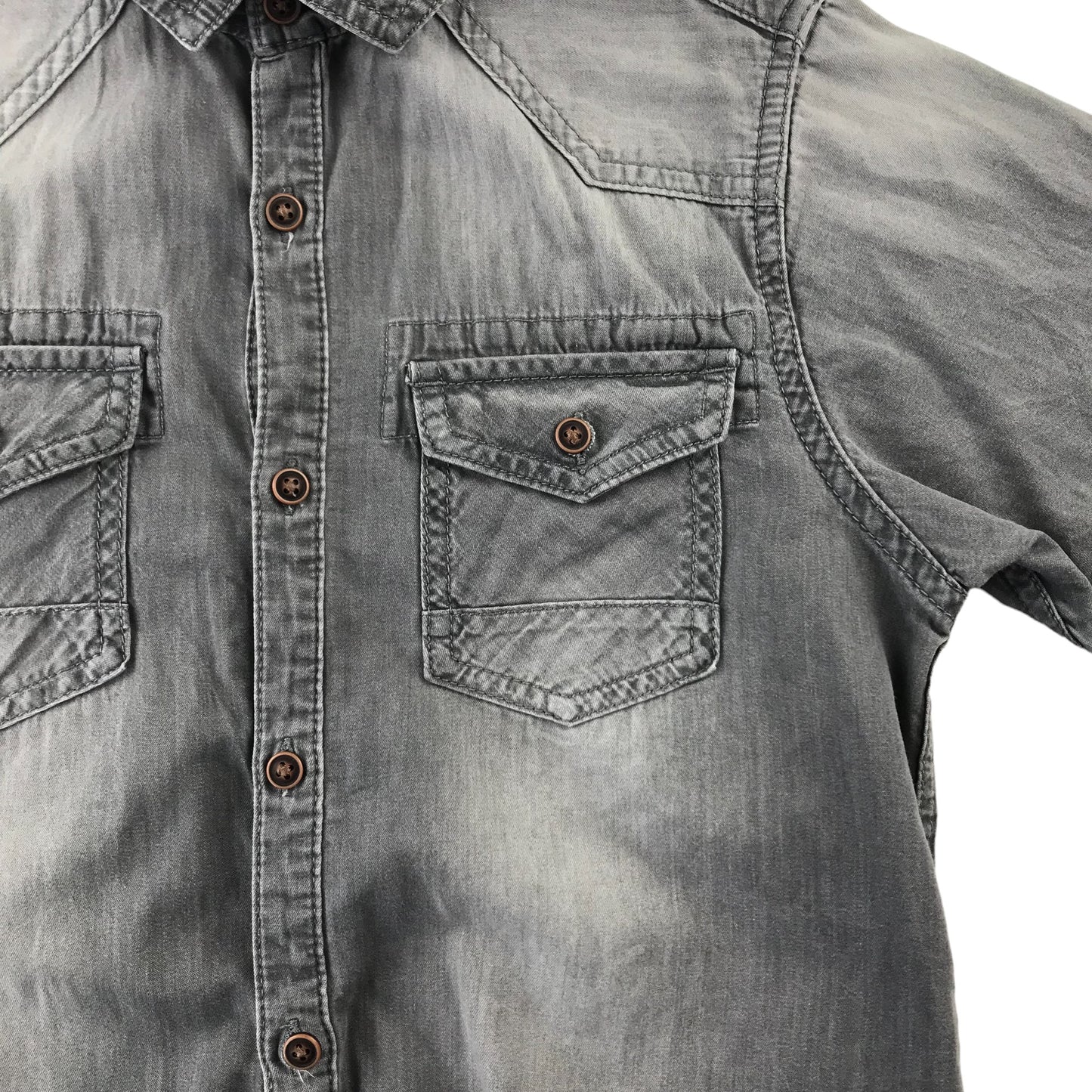 Next Shirt Age 8 Grey Plain Denim Pattern Short Sleeve Button Up Cotton