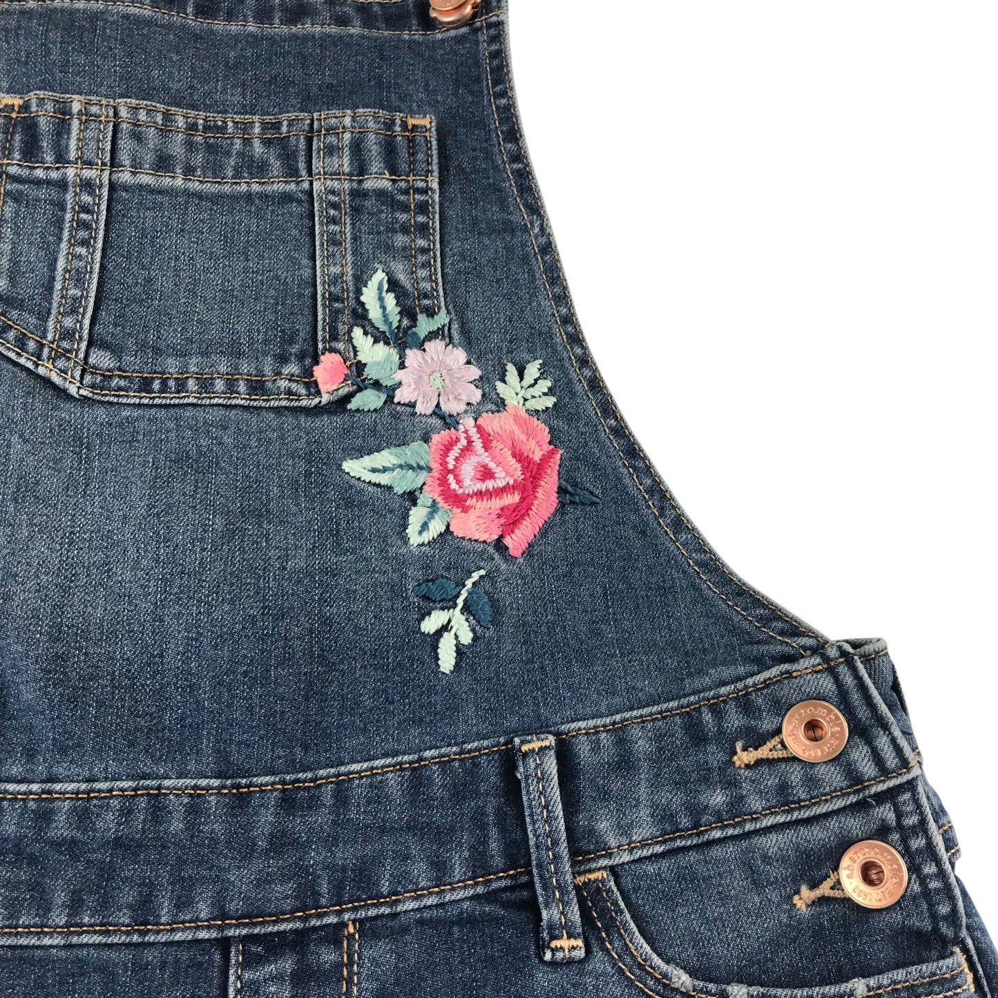 Abercrombie dungaree 13-14 years blue denim floral embroidery playsuit