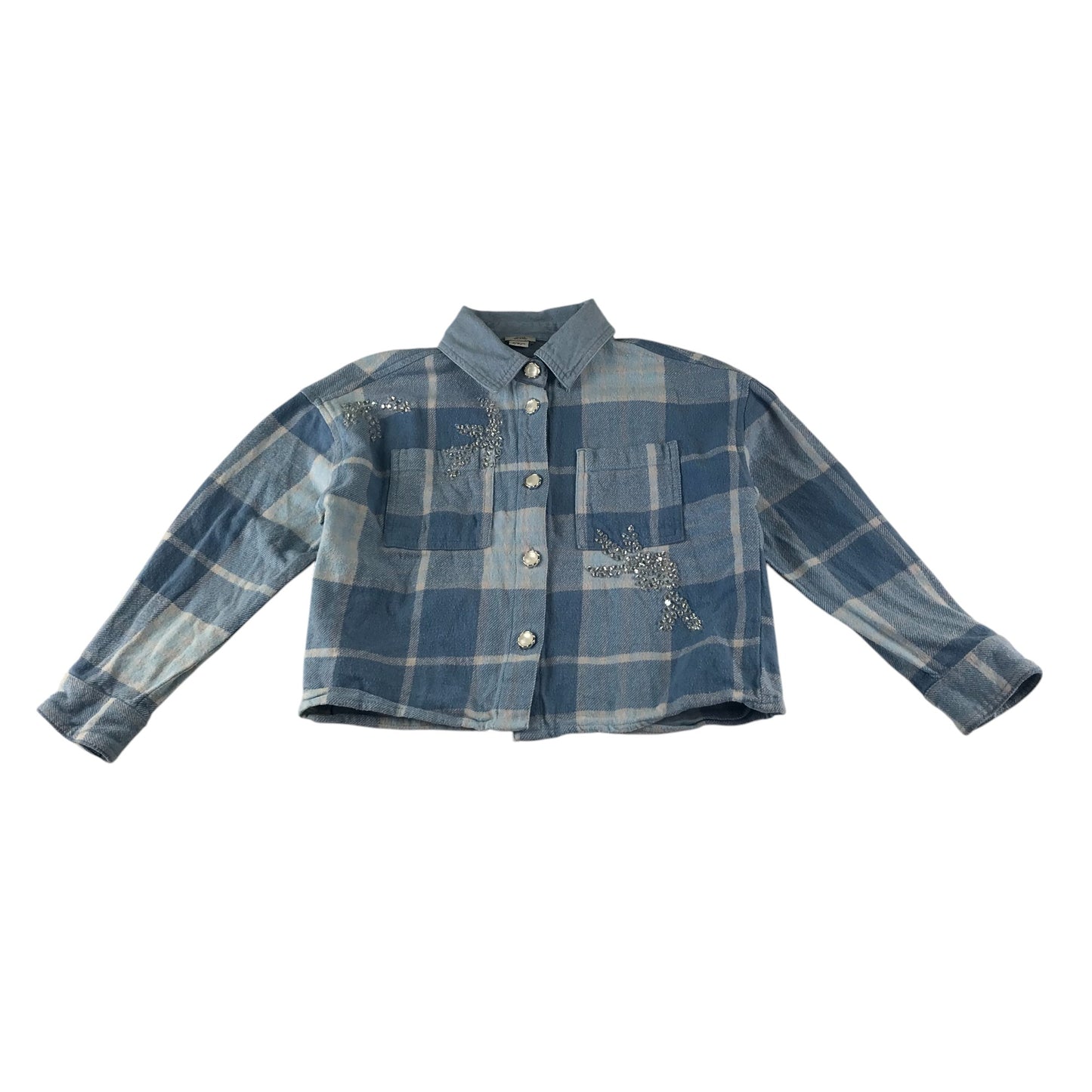 River Island shirt 7-8 years blue checked cropped button up with gem detailing cotton
