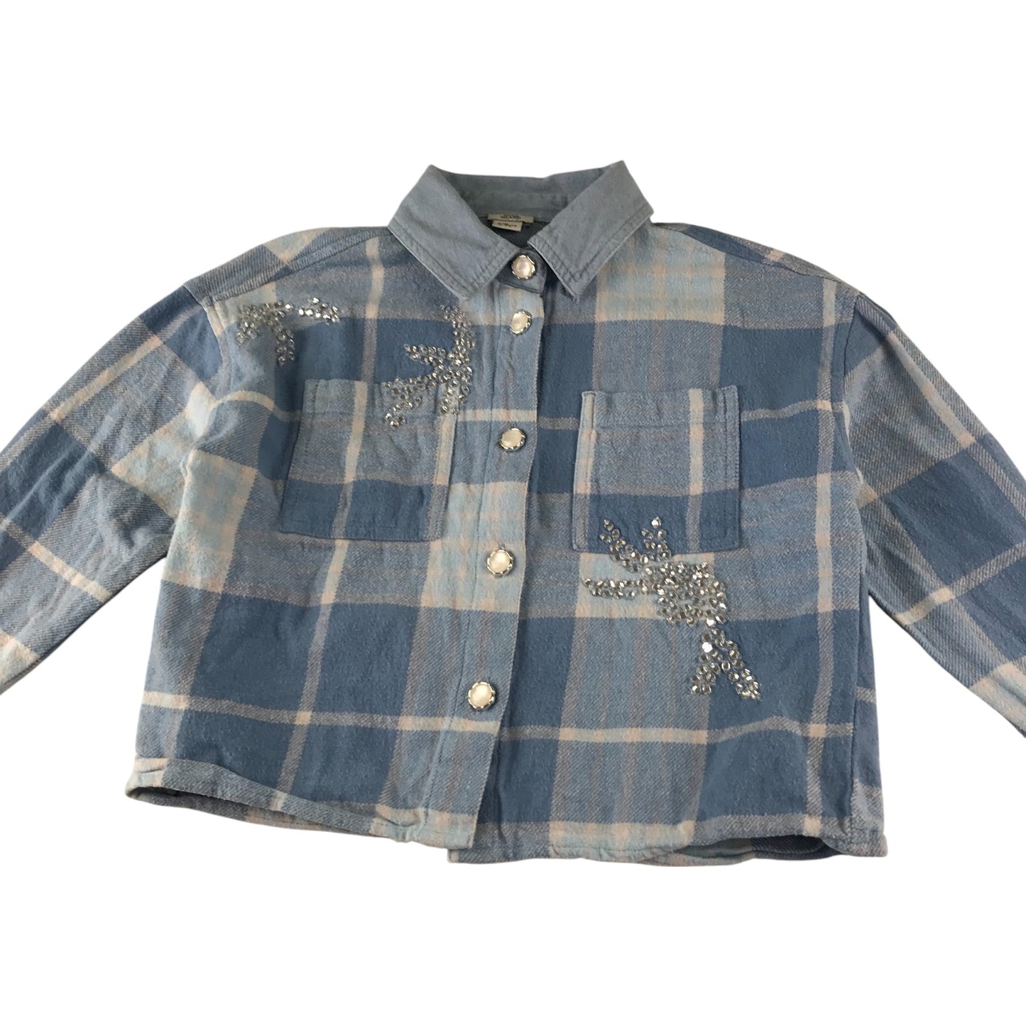 River Island shirt 7-8 years blue checked cropped button up with gem detailing cotton