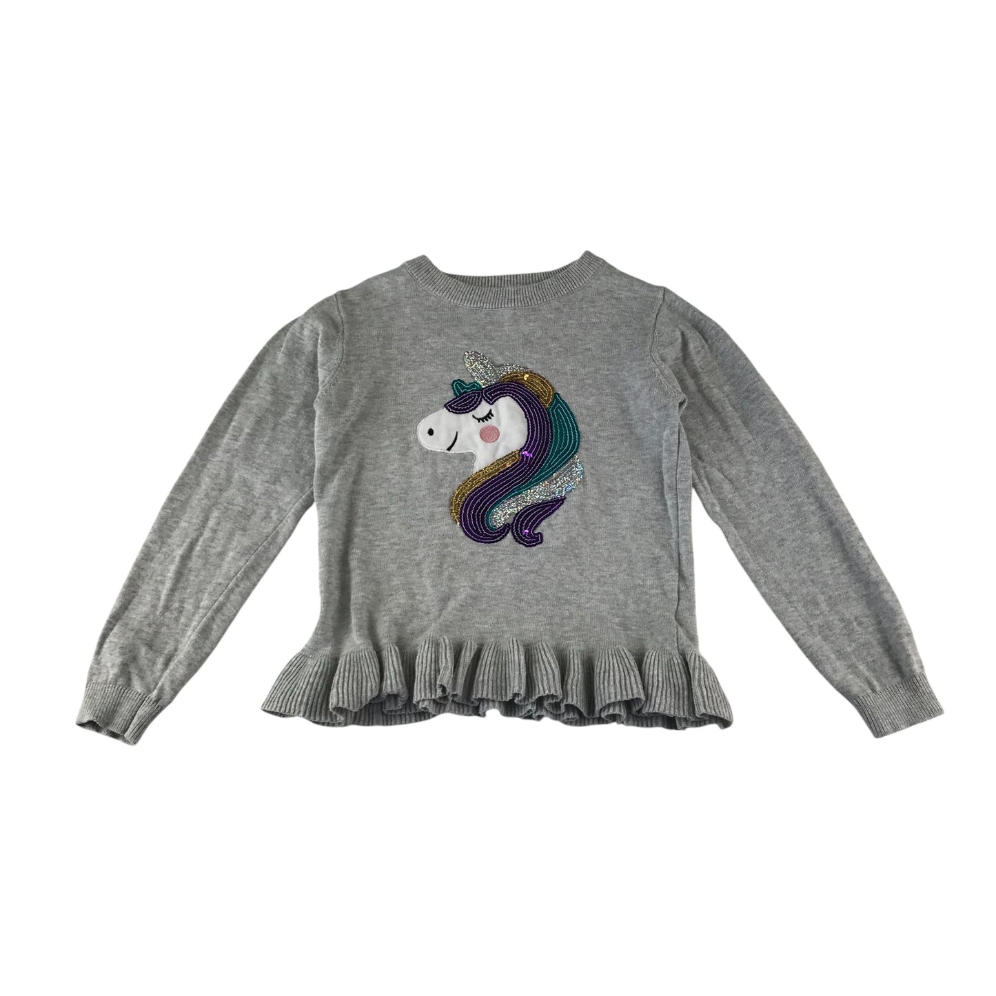 Primark jumper 6-7 years grey with sequin unicorn and frilled hem cotton
