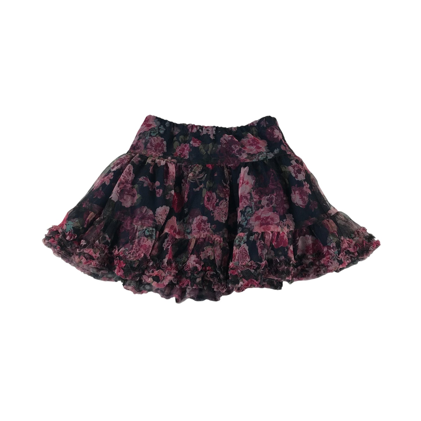 H&M skirt 4-5 years black mesh with pink rose detailing layered and frilled hem