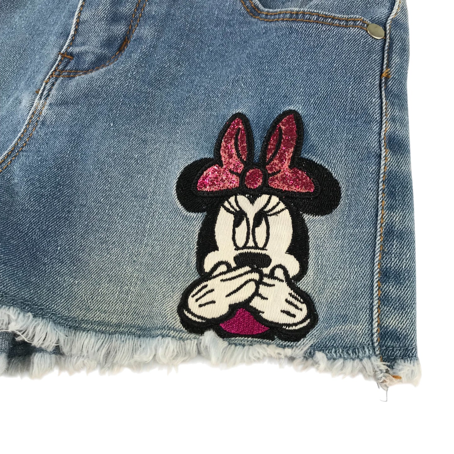 Primark shorts 6-7 years blue denim with embroidered patches Mini Mouse