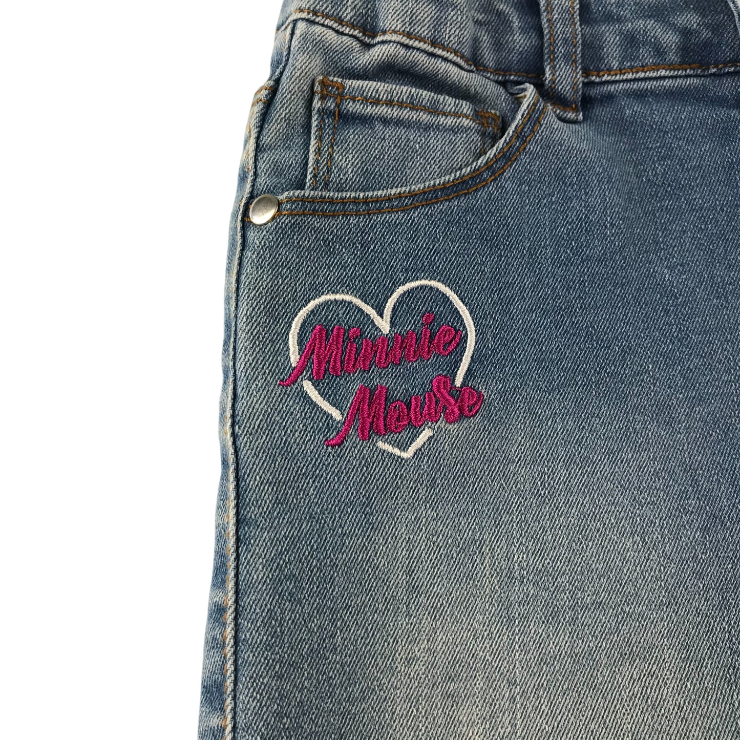 Primark shorts 6-7 years blue denim with embroidered patches Mini Mouse