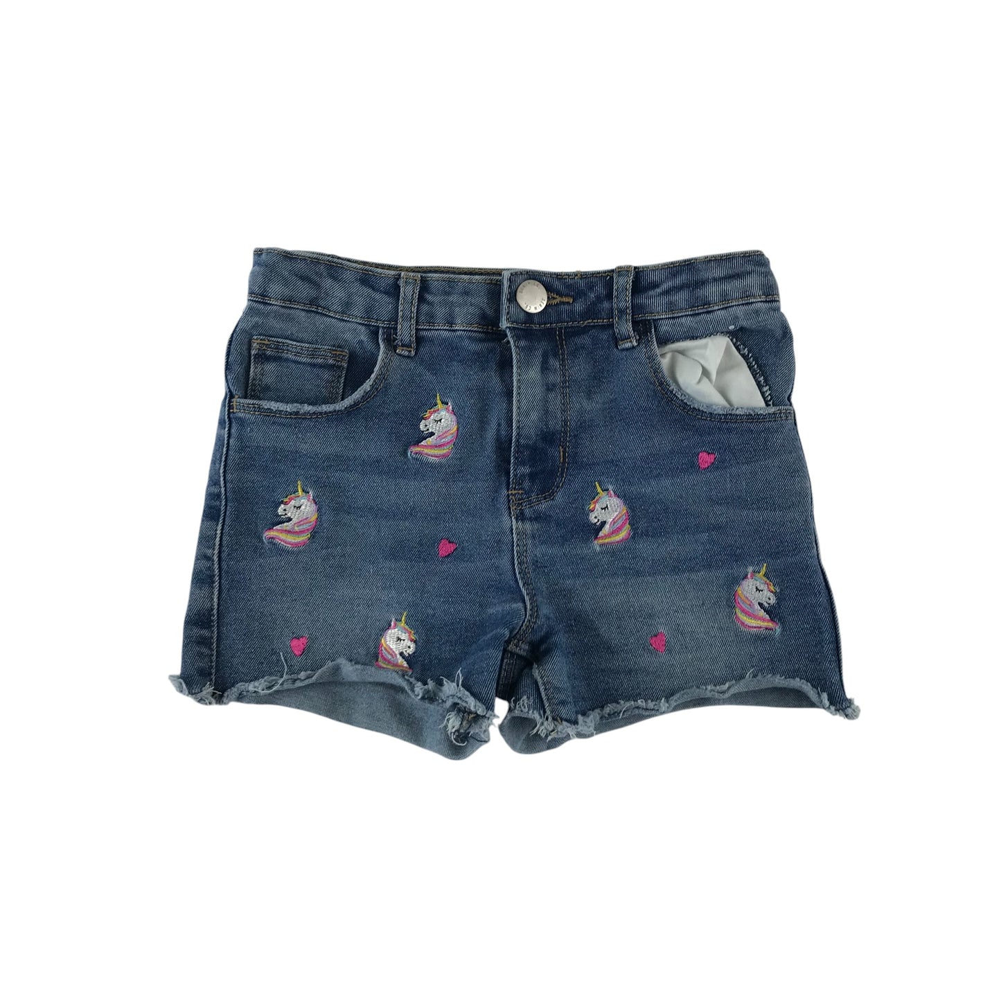Primark shorts 6-7 years blue denim mid rise with embroidered unicorns