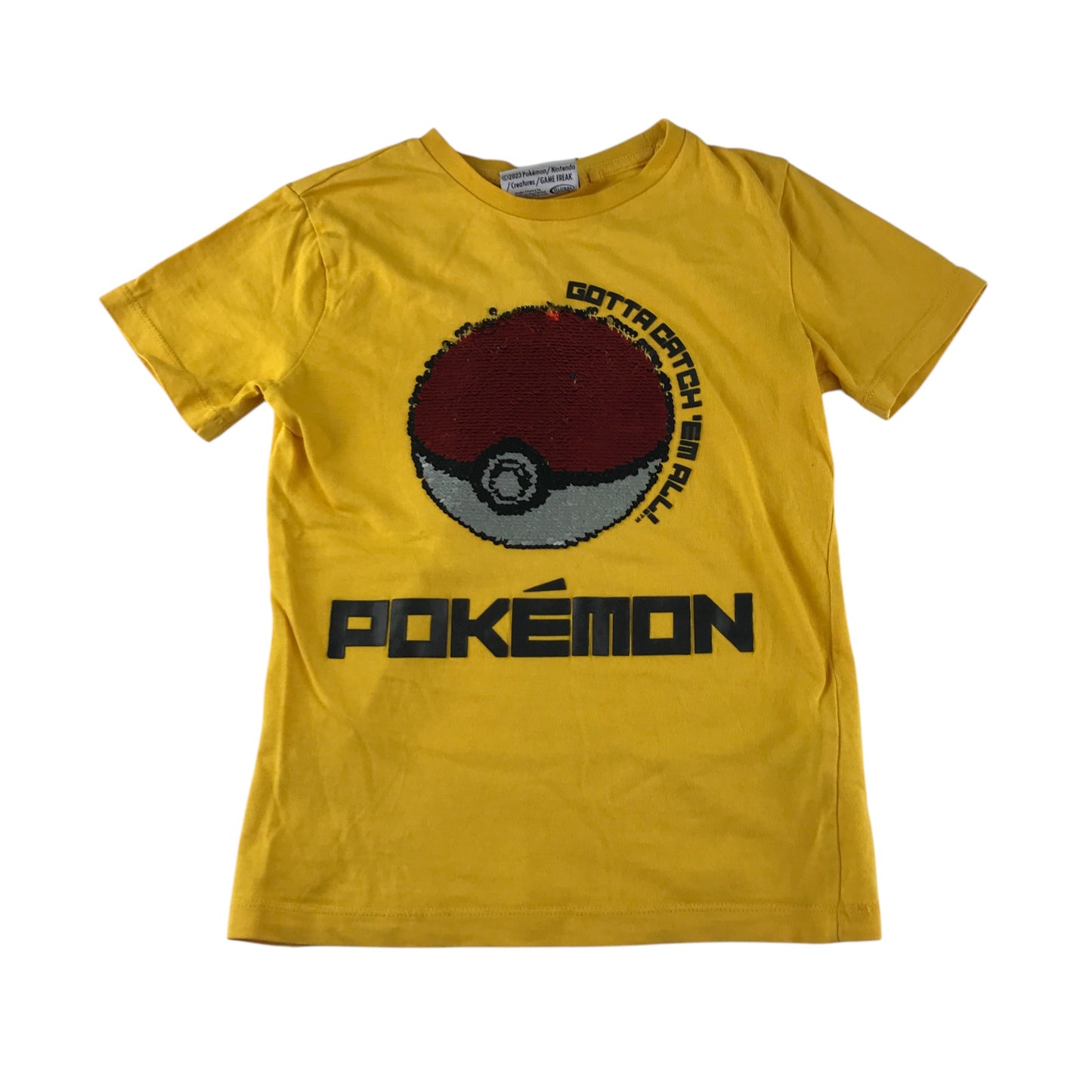 Next t-shirt 6-7 years yellow sequin reversible poké ball and ultra ball cotton