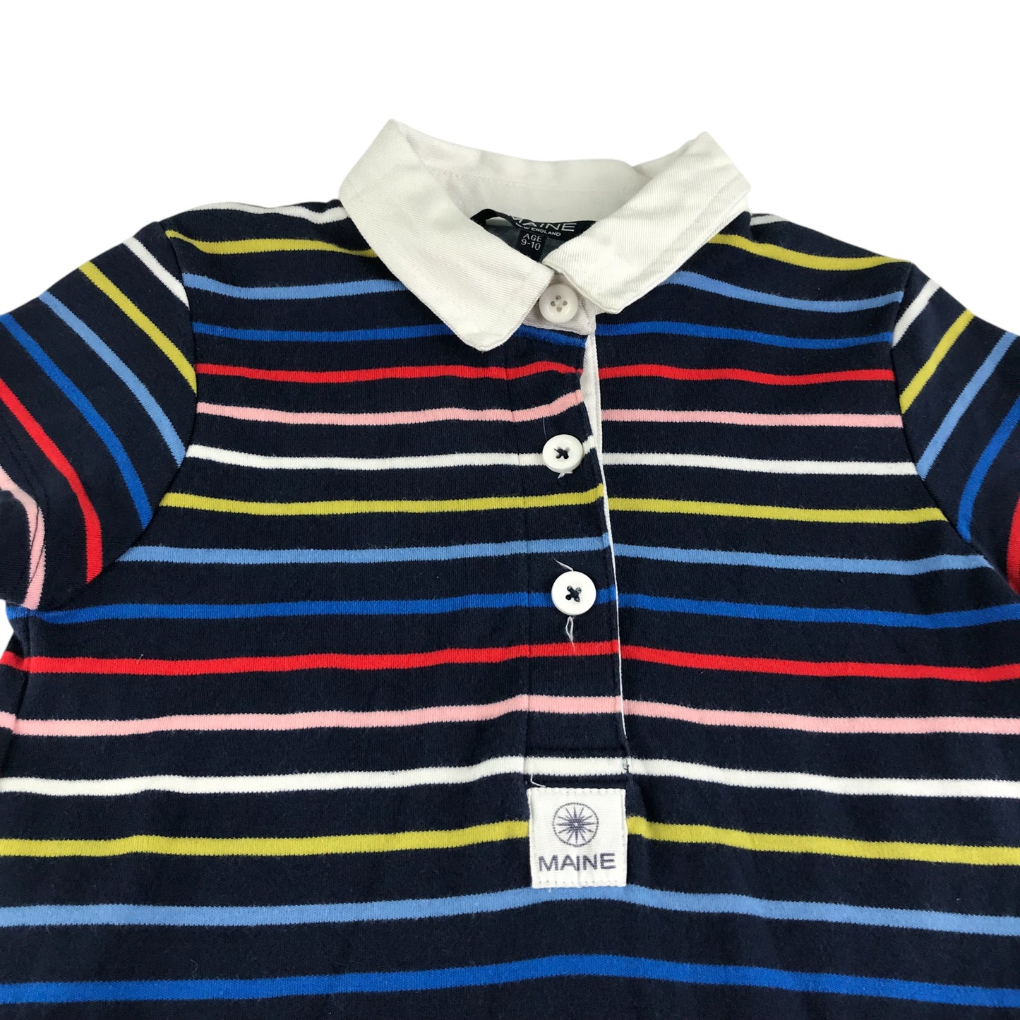 Maine dress 9-10 years navy and multicolour stripy short sleeve cotton