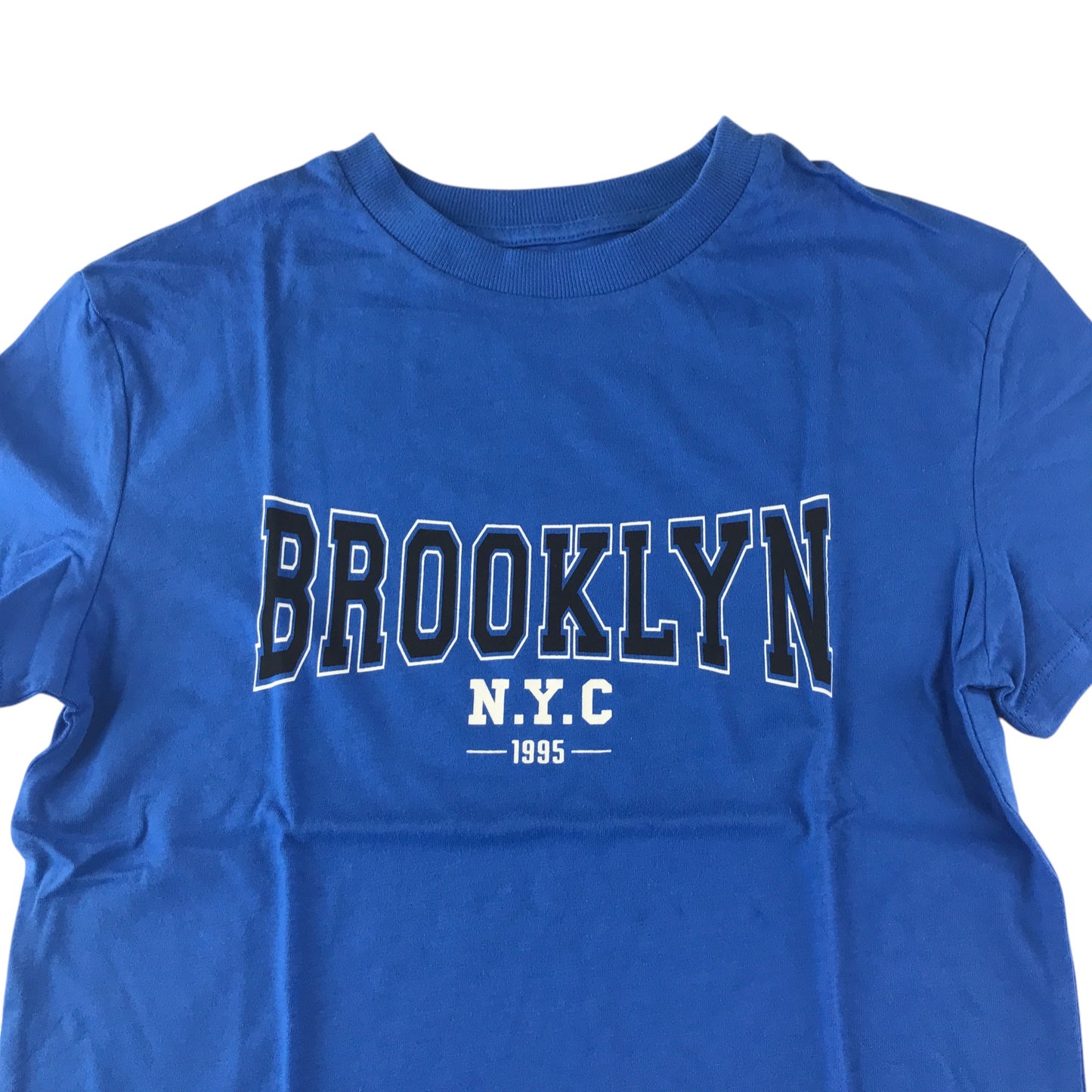 M&S T-shirt 7-8 years blue short sleeve with Brooklyn text in cotton