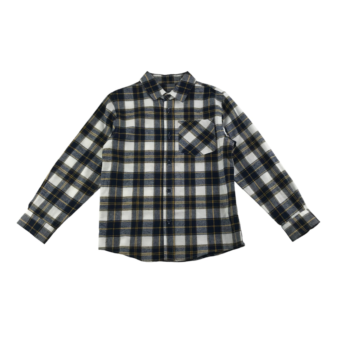 Primark Shirt Age 5 Navy White Mustard Check Pattern Long Sleeve Button Up Cotton
