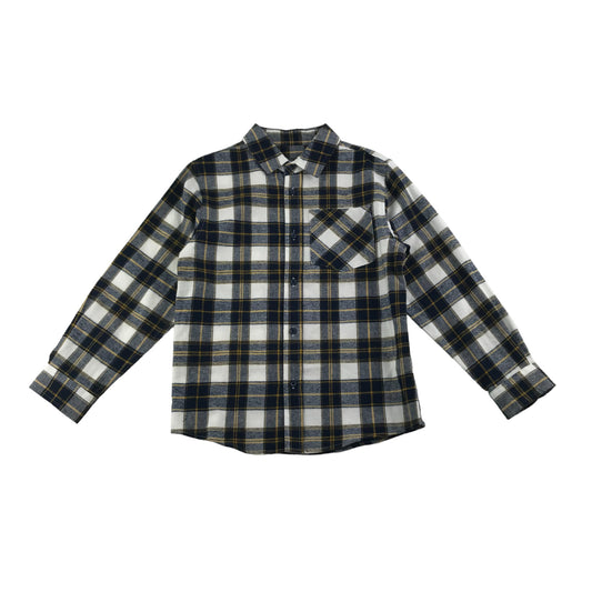 Primark Shirt Age 5 Navy White Mustard Check Pattern Long Sleeve Button Up Cotton