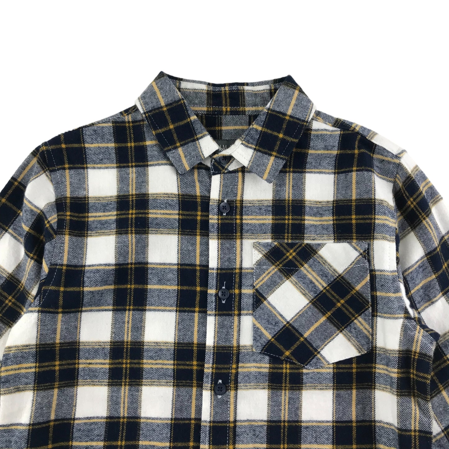 Primark Shirt Age 5 Navy White Mustard Check Pattern Long Sleeve Button Up Cotton