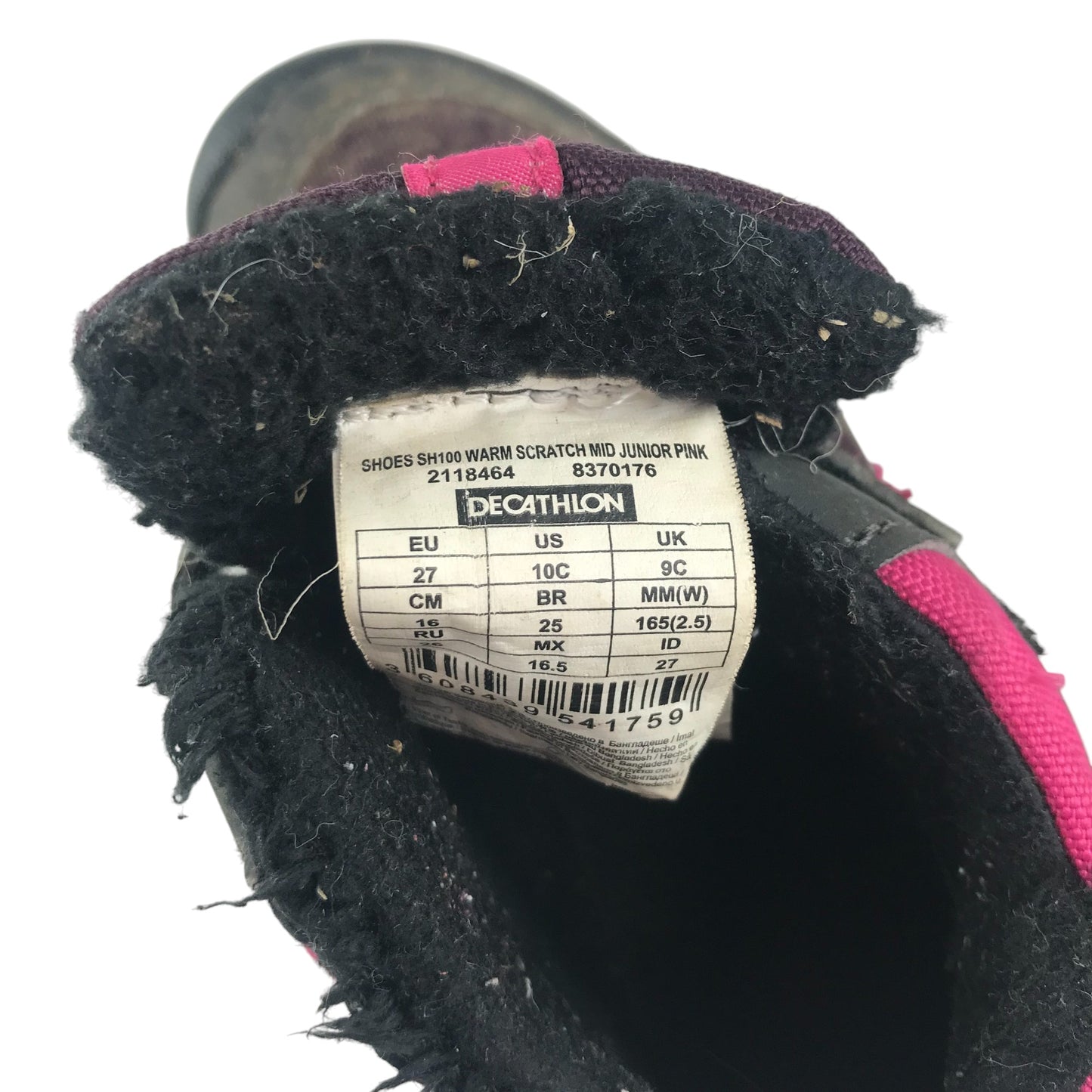 Decathlon walking boots shoe size 9C junior black and pink