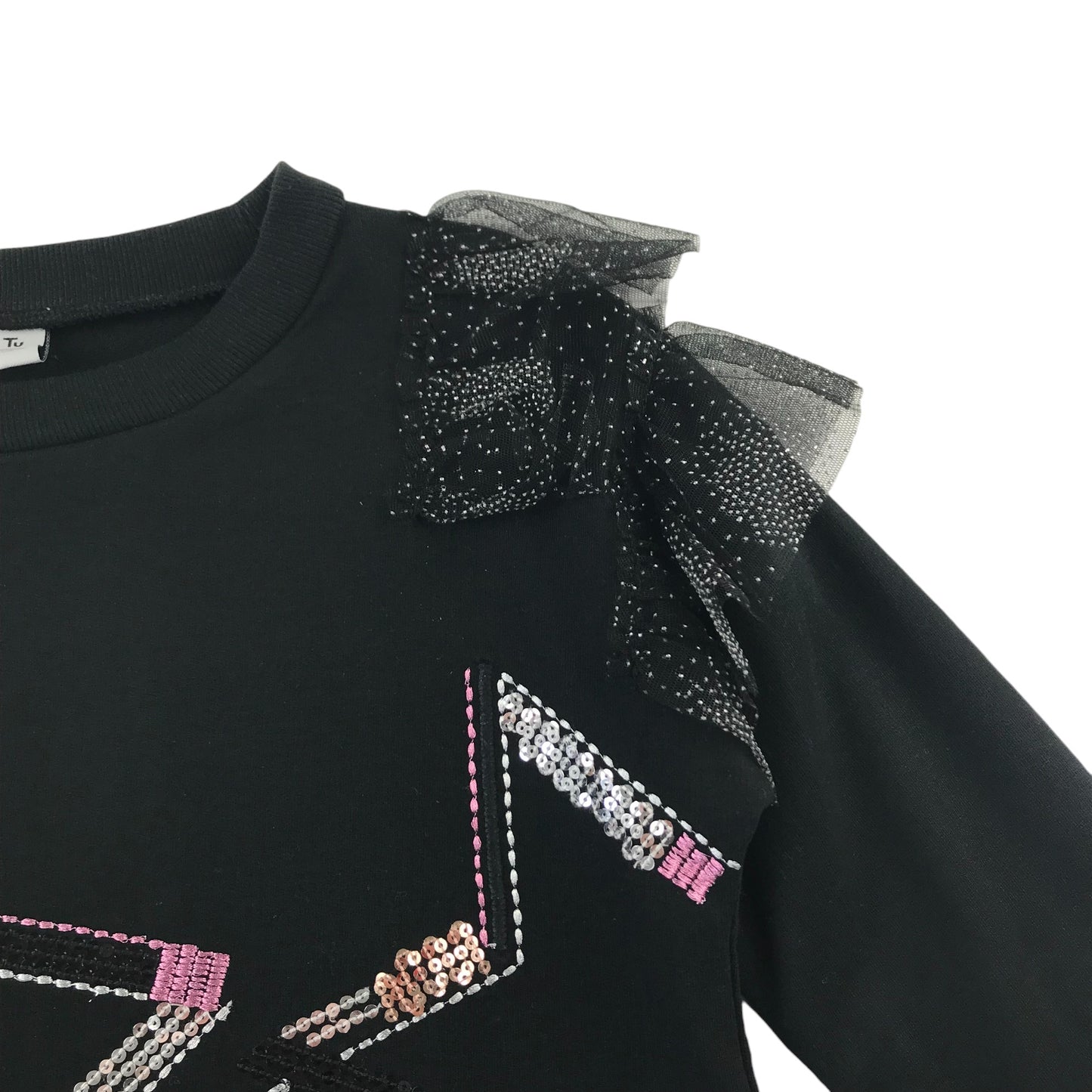 Tu sweater 9 years black with mesh layered shoulders and sequin star design