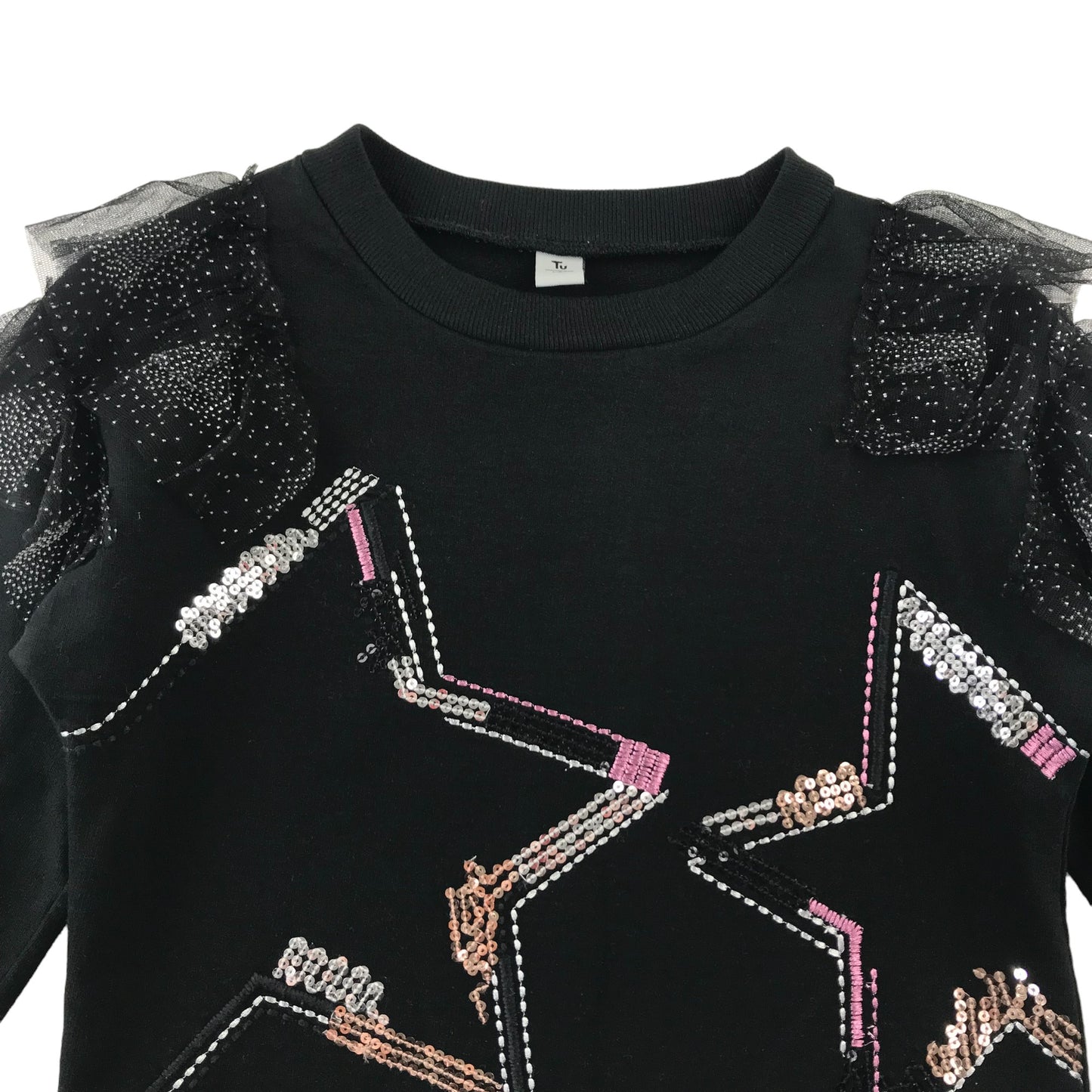Tu sweater 9 years black with mesh layered shoulders and sequin star design